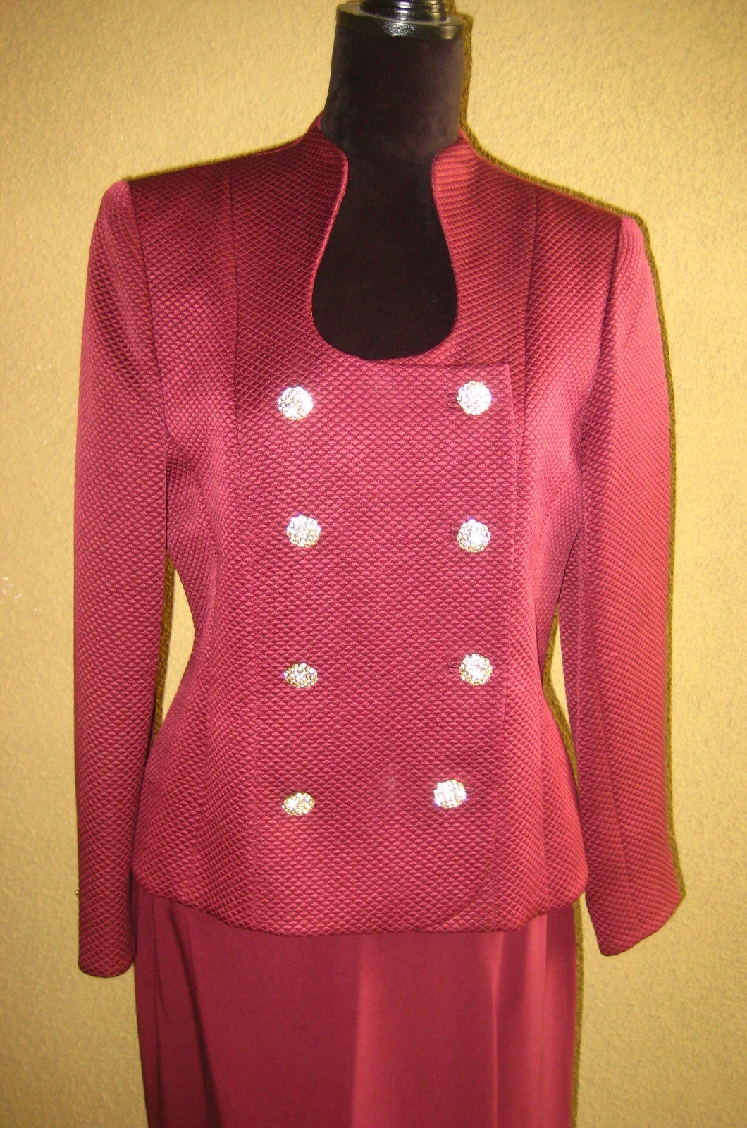 Vintage Rickie Freeman 2 pc Burgundy rhinestone buttons jacket long skirt set