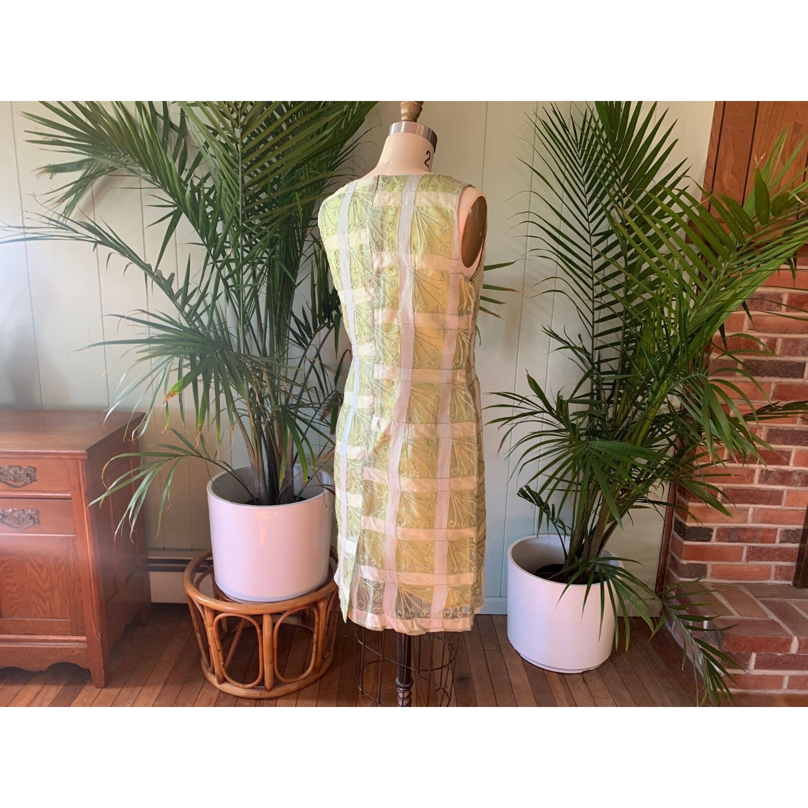 Vintage 1960s Chartreuse Green Silk Sheer Embroidered Organza Sheath Dress
