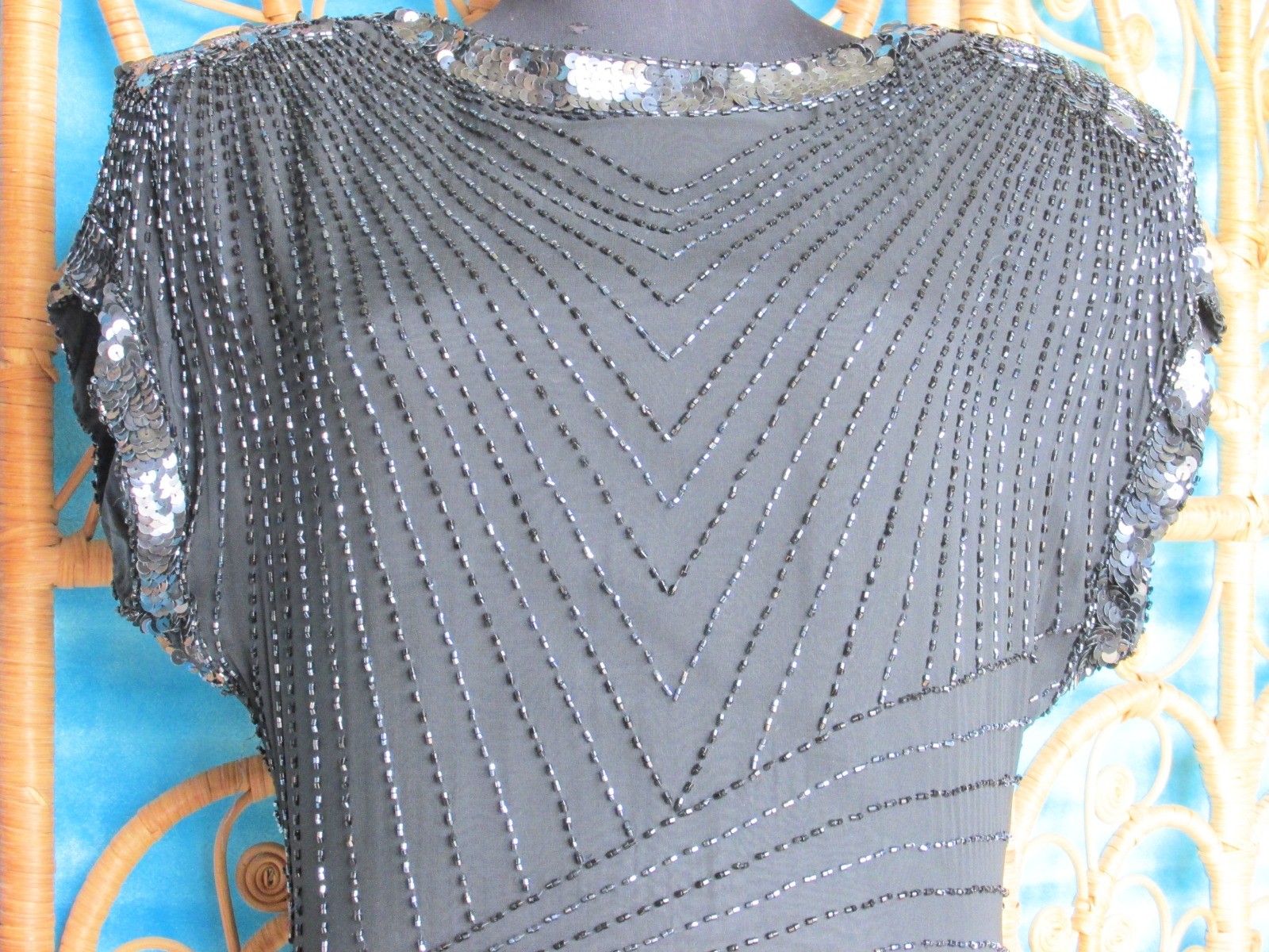 Vintage Para Black Silk Beaded Gown Sheath Keyhole Back Flared Hem SZ 10