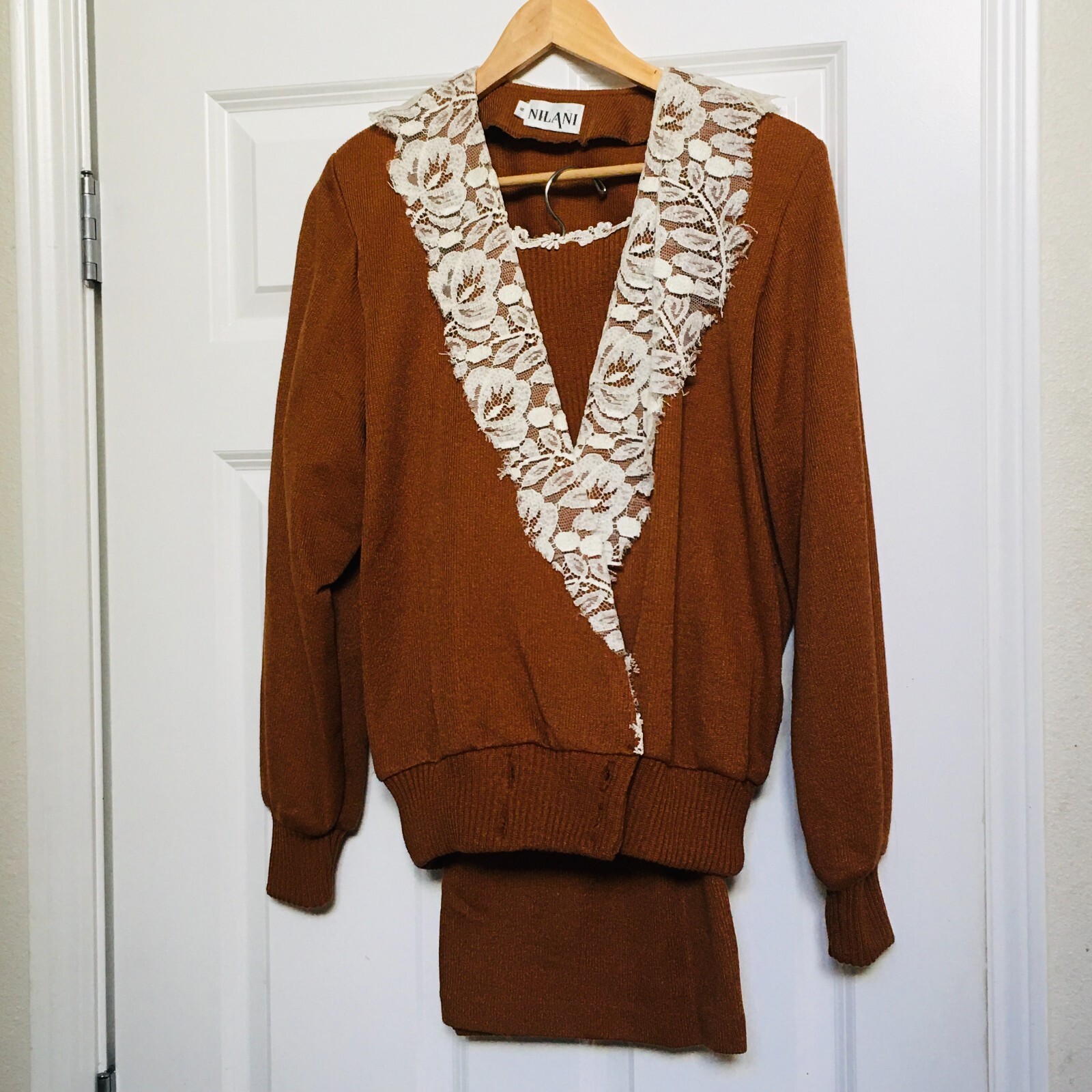 Nilani Vintage Brown Knit Sweater and Skirt Set Womens Medium As Is