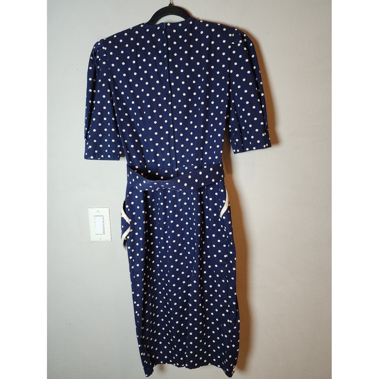 Vintage Choon California Dress Blue White Polka Dots Belt Pockets Est Size XS