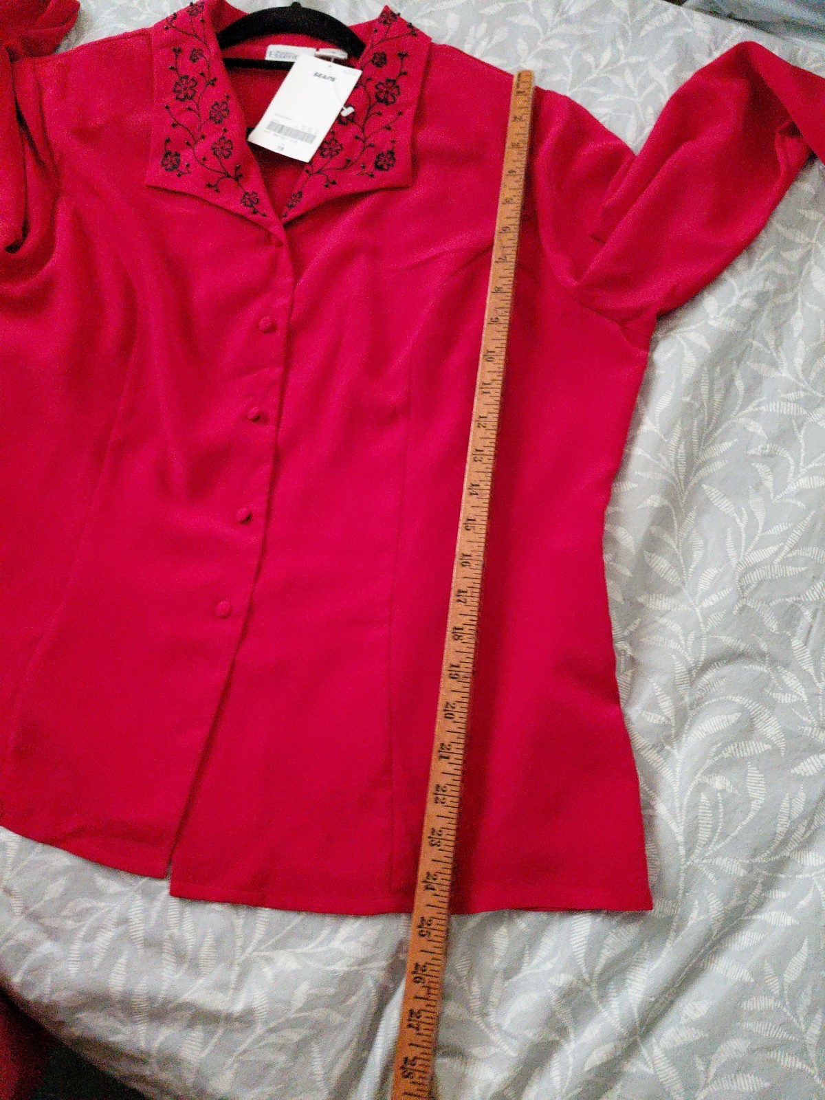 NWT VTG Sears~Modern Essentials ~ Long Sleeve Blouse,Sz 18Red w/Black Embroidery