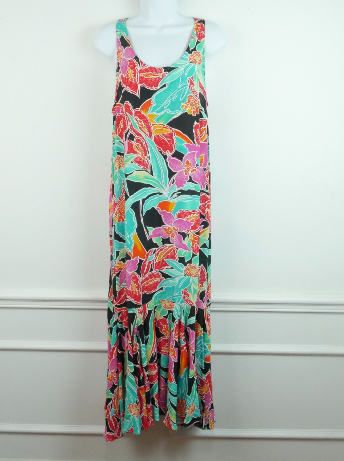 Vintage Tropical Sundress Floral Maxi Ruffle Resort Vacation Size 8 90s Beach