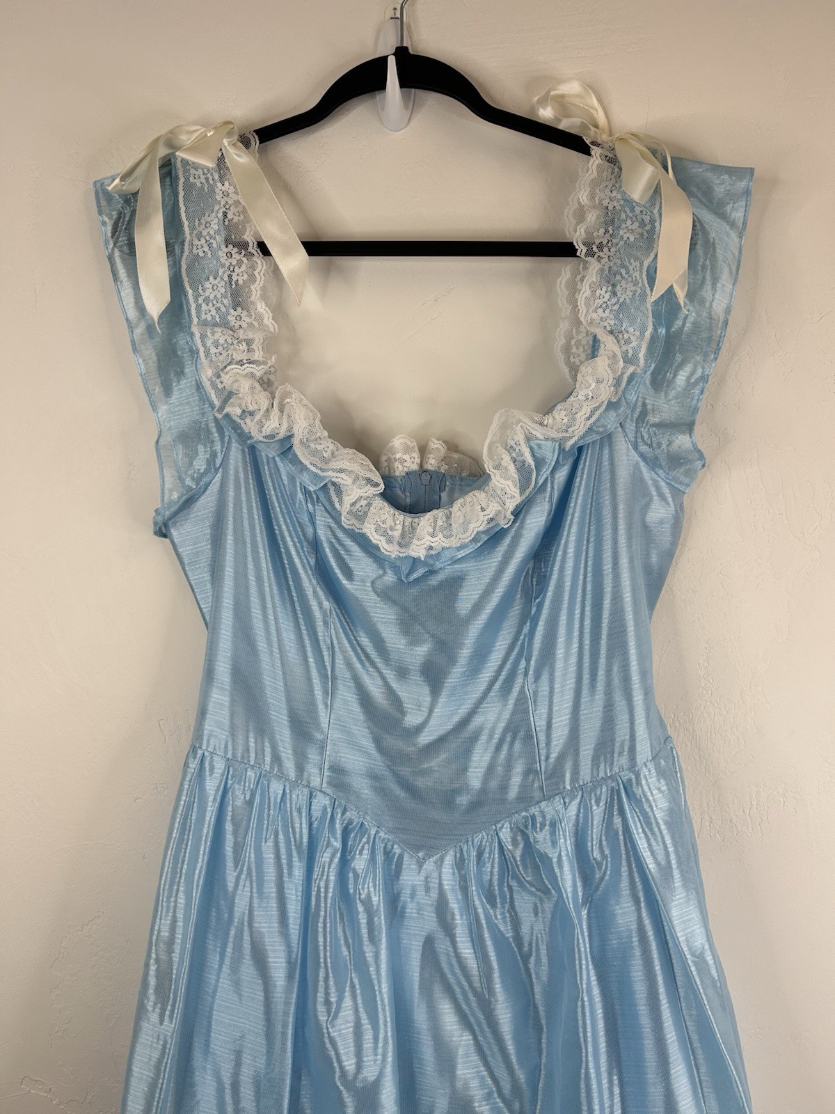 Vintage 70s Formal Blue Satin Gown Lace Trim Bows Princess Theatrical Costume