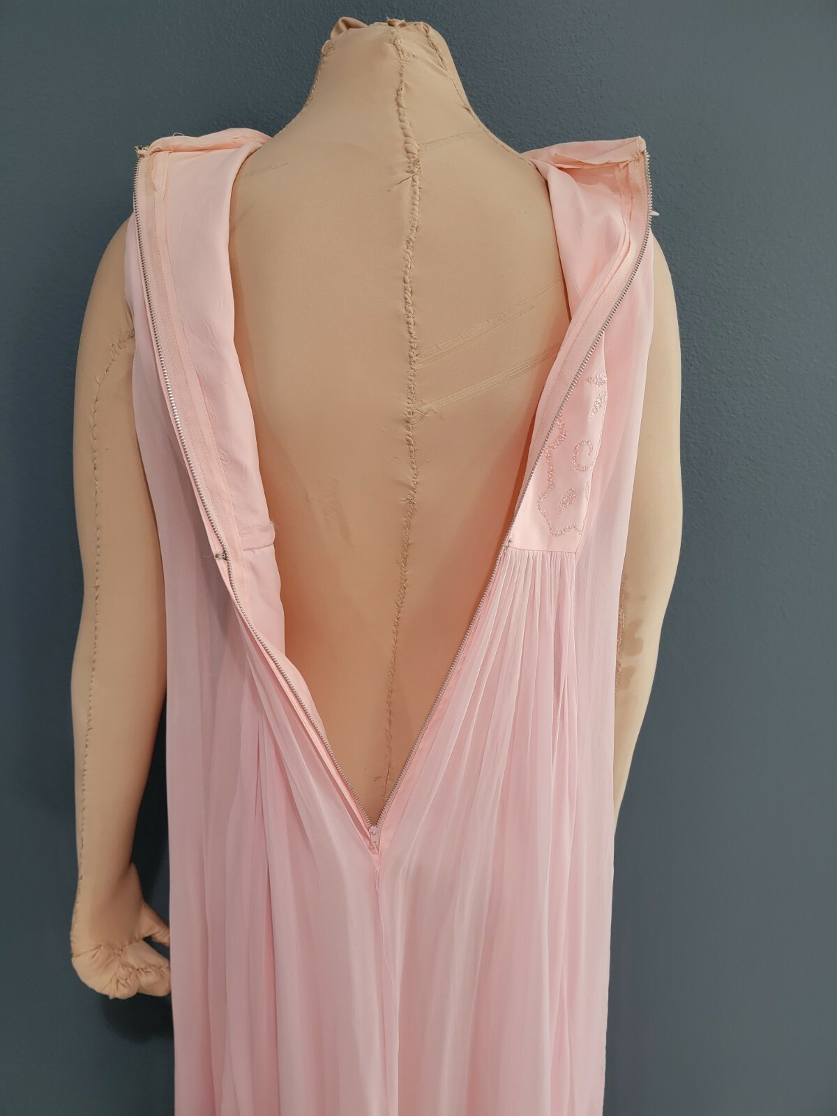 Vintage 50s 60s pink flowy chiffon maxi dress nynco zipper XS/S