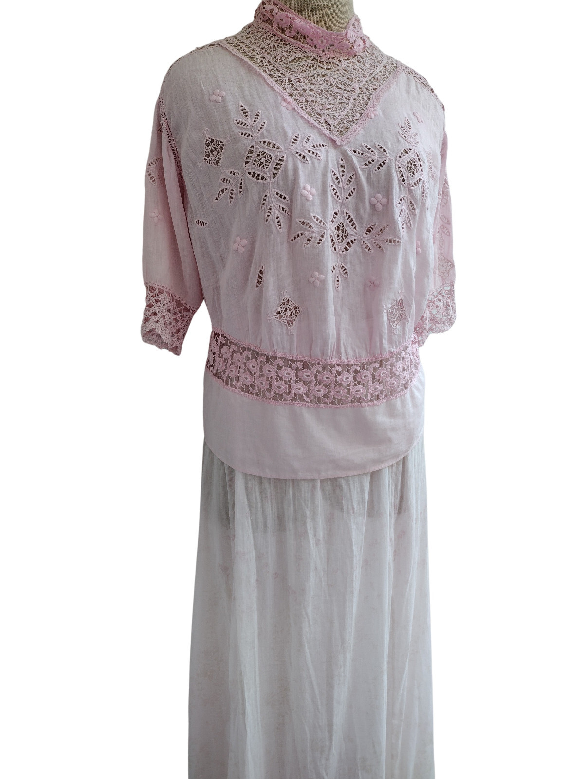 Antique Edwardian Victorian Pink Floral Bouquet Lace Prairie Maxi Dress Size S
