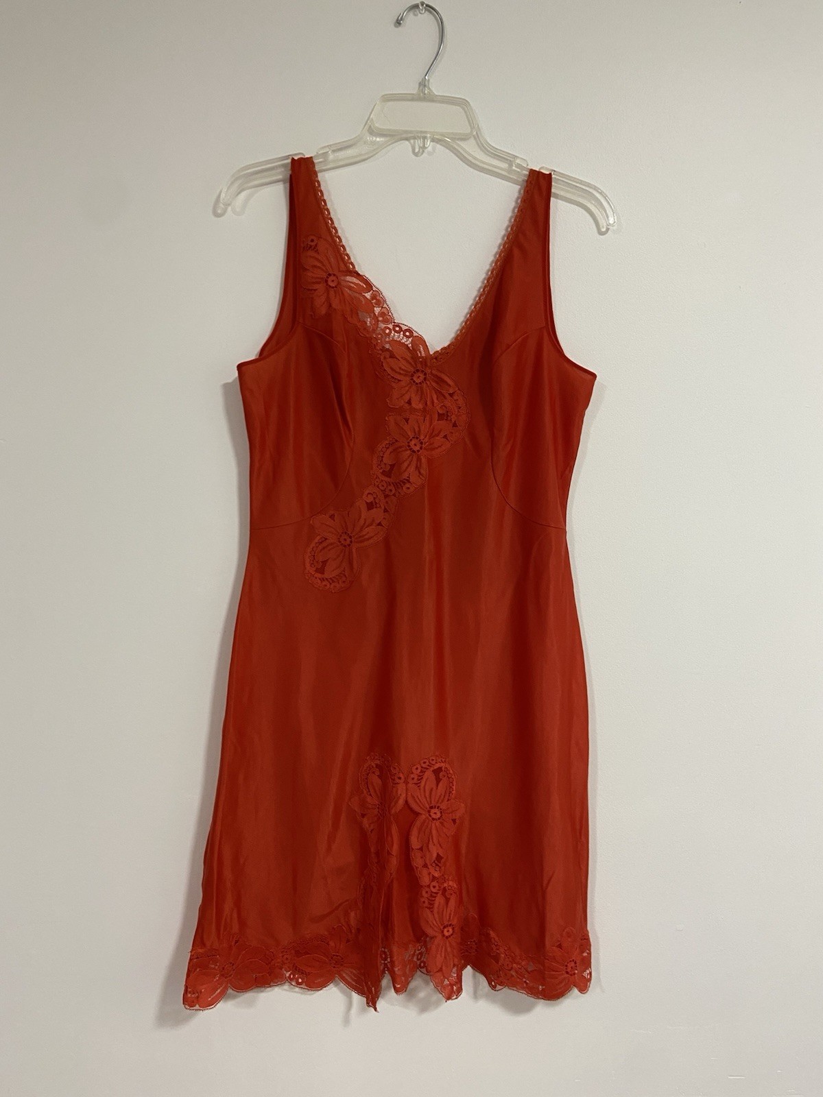 Vintage Lipstick Red Full Slip Lace Trim Lingerie Dress Unlabeled Size Small