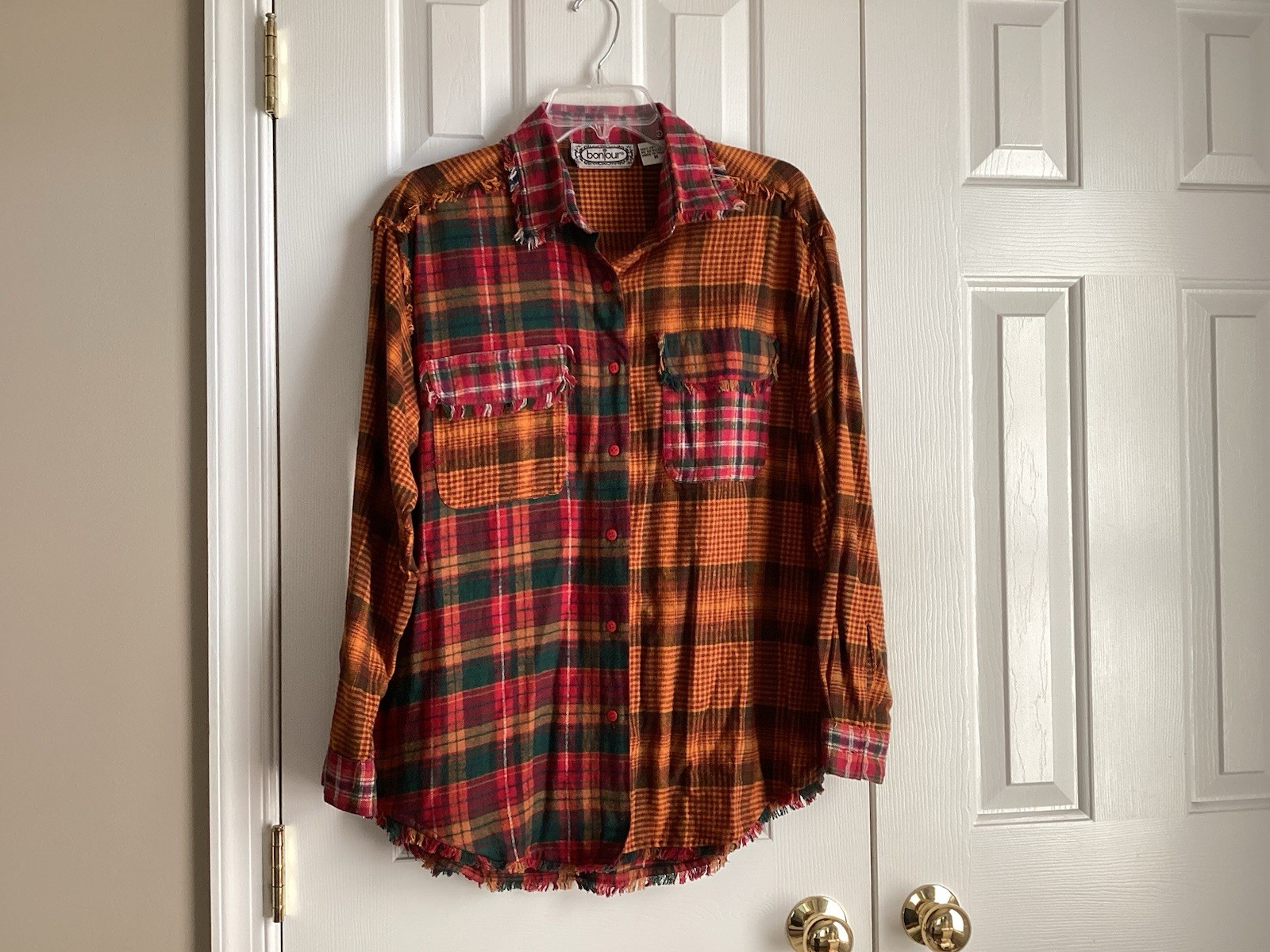 VINTAGE Bonjour Plaid Flannel Shirt Distressed ALL Cotton RETRO Sz Medium -EUC