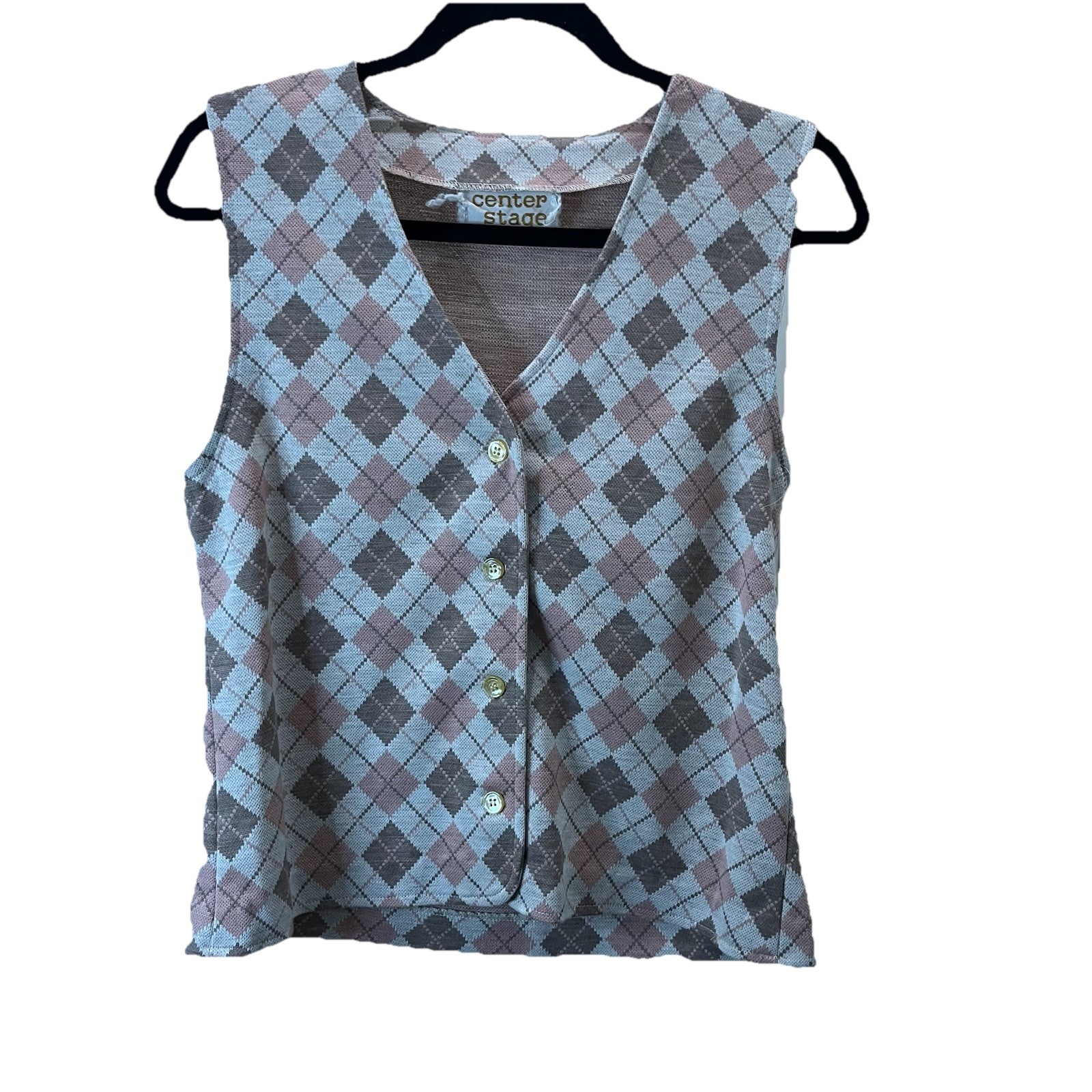 Center Stage Vintage Button Up Sleeveless Vest Argyle Pink Diamond Womens Size S
