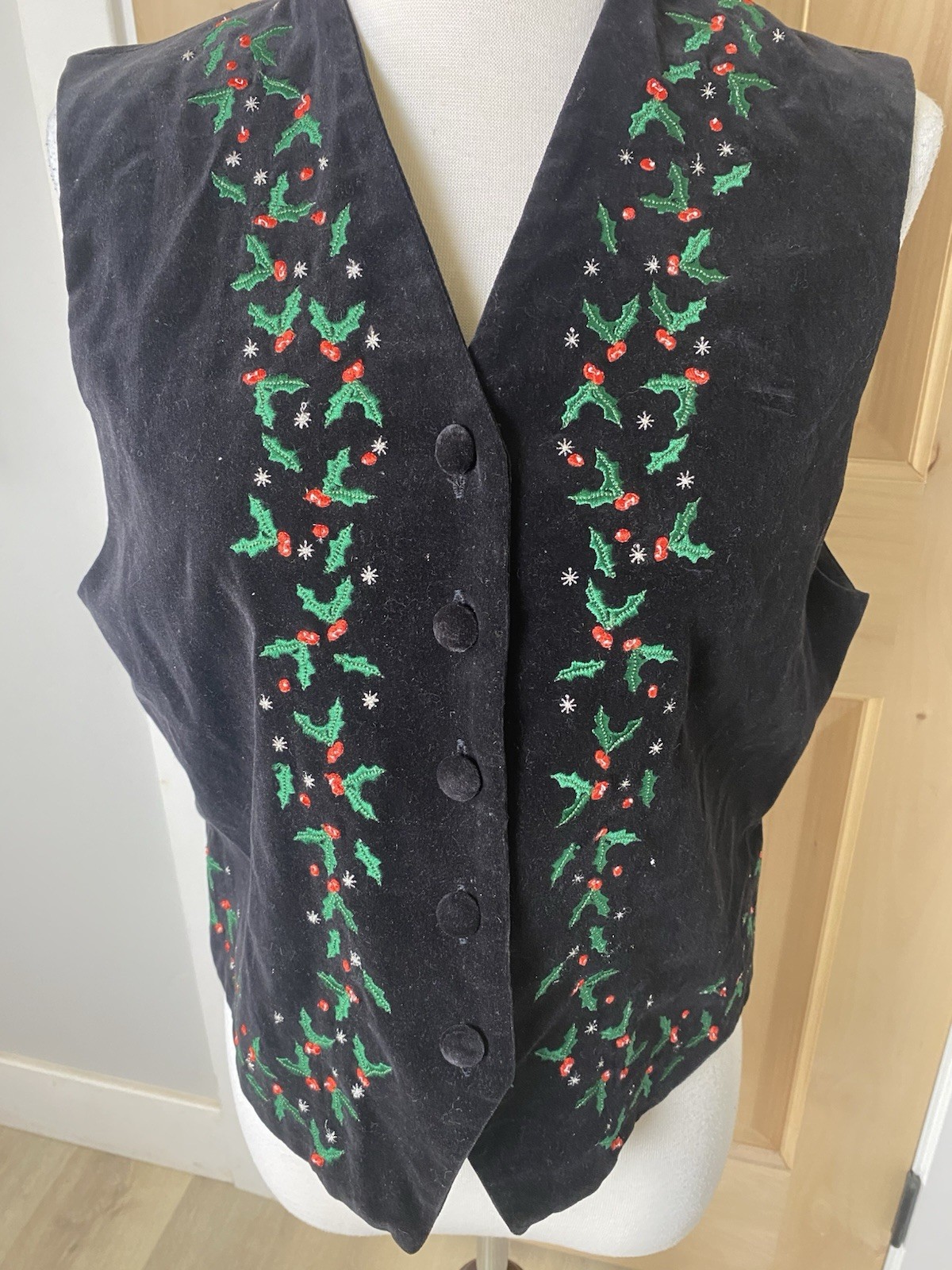 VTG 90’s Karen Scott Women’s Velvet Vest Holly Christmas Holiday Size PM EUC