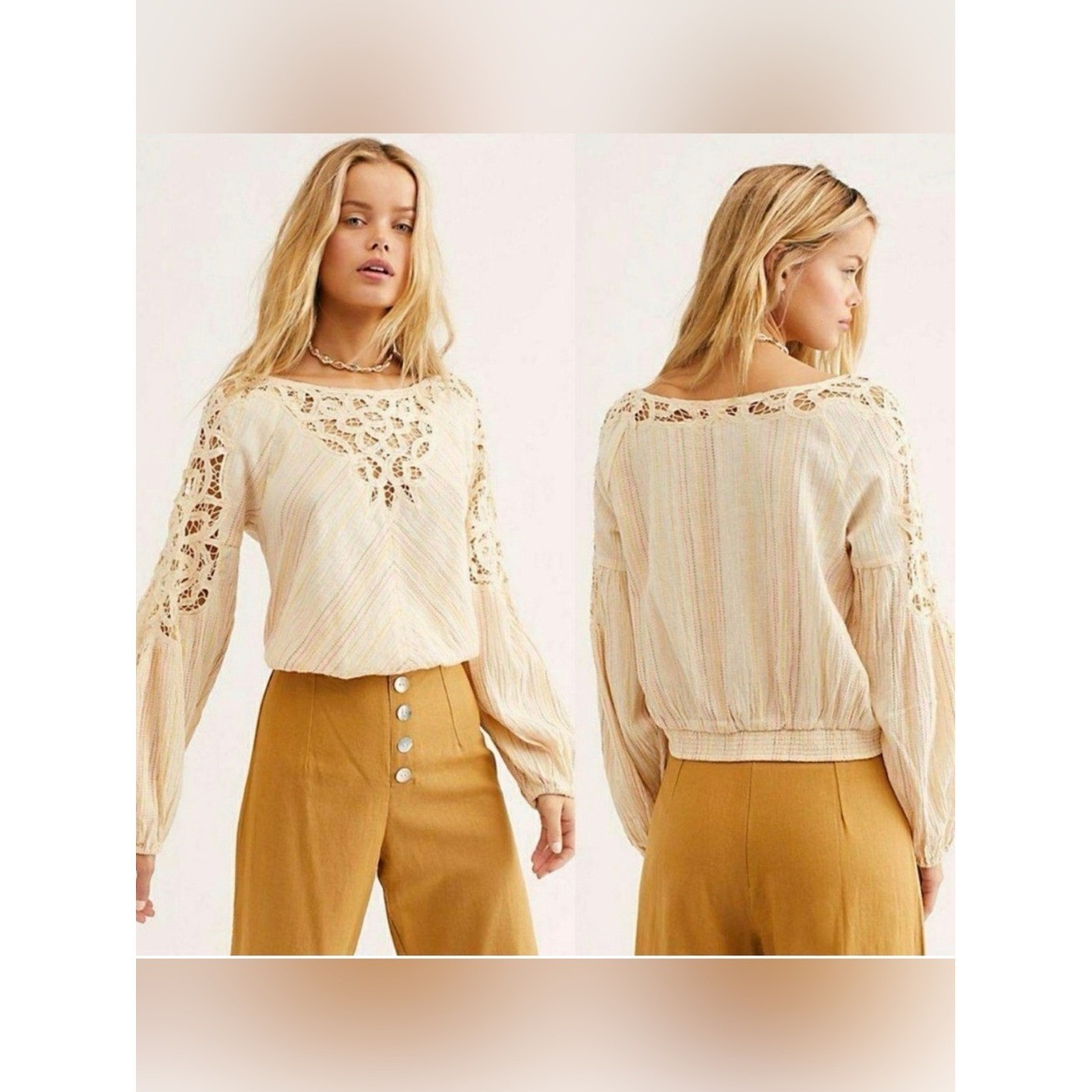 Free People Floating Memories Blouse Retro Crochet Lace Ivory size L Boho