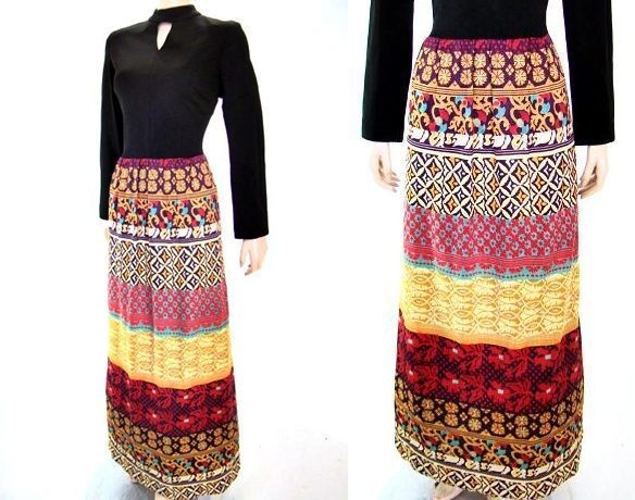 VTG 60s Black Cut Out Top Jersey Multi FOLK Pattern Skirt Maxi Dress L