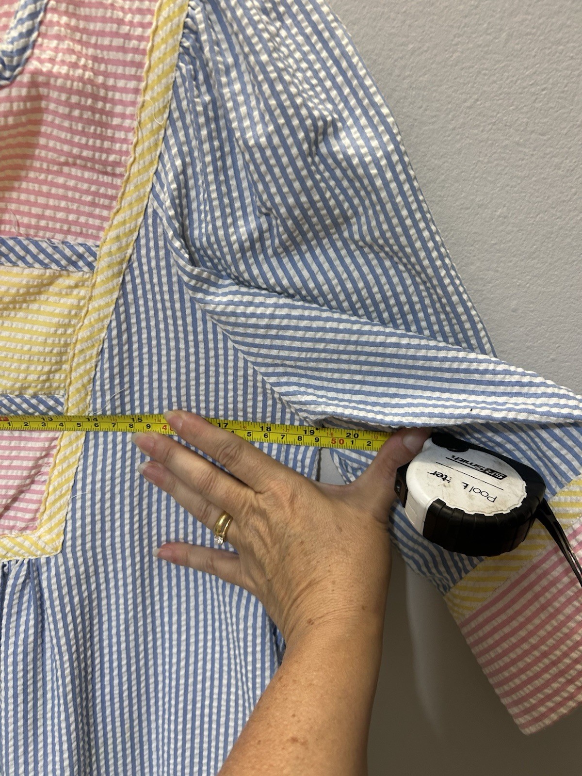 Vintage 80s Saybury Seersucker Pastel Colorblock House Dress Petite Fits S/M