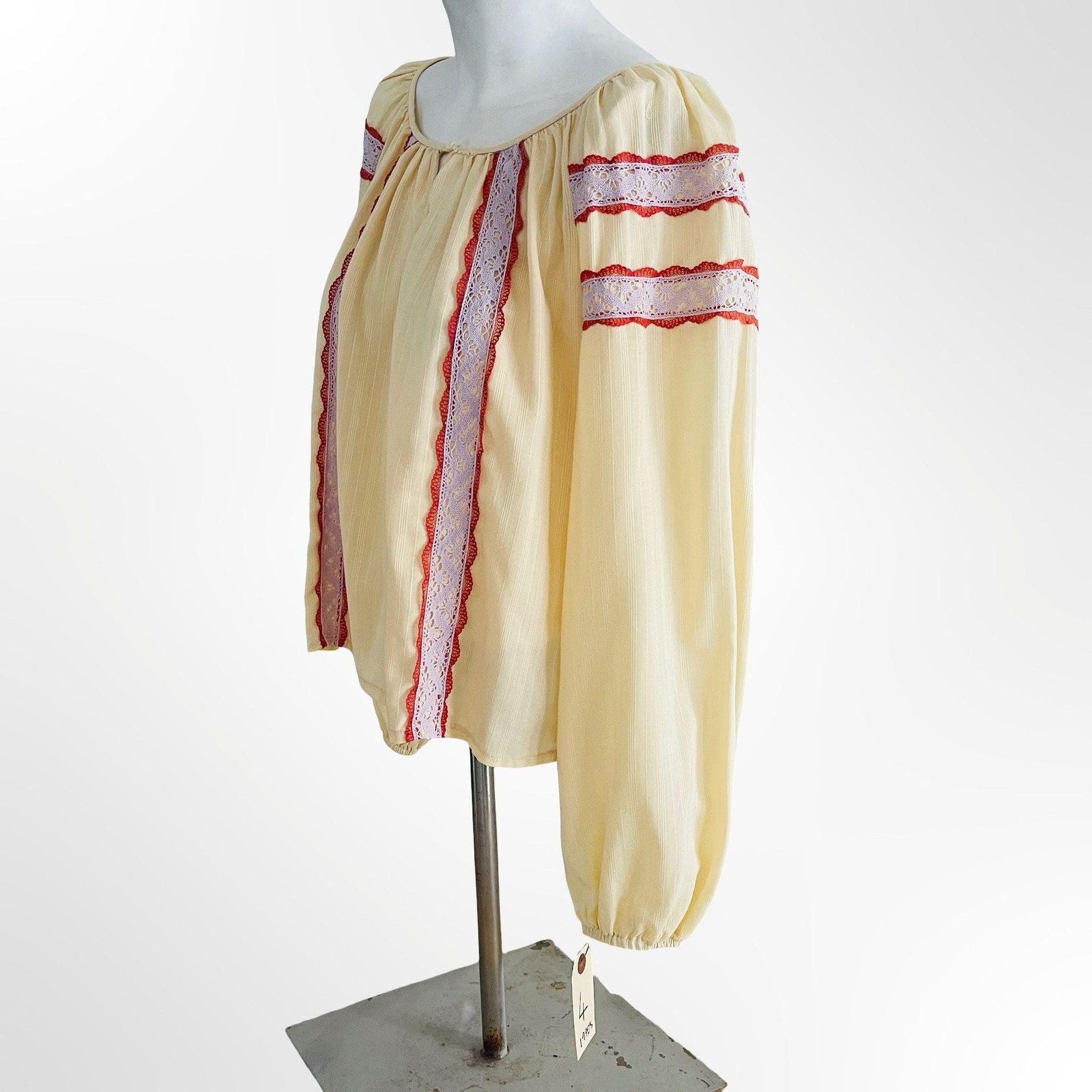 Vintage 1970s Yellow Peasant Blouse with Red and Purple Lace Trim