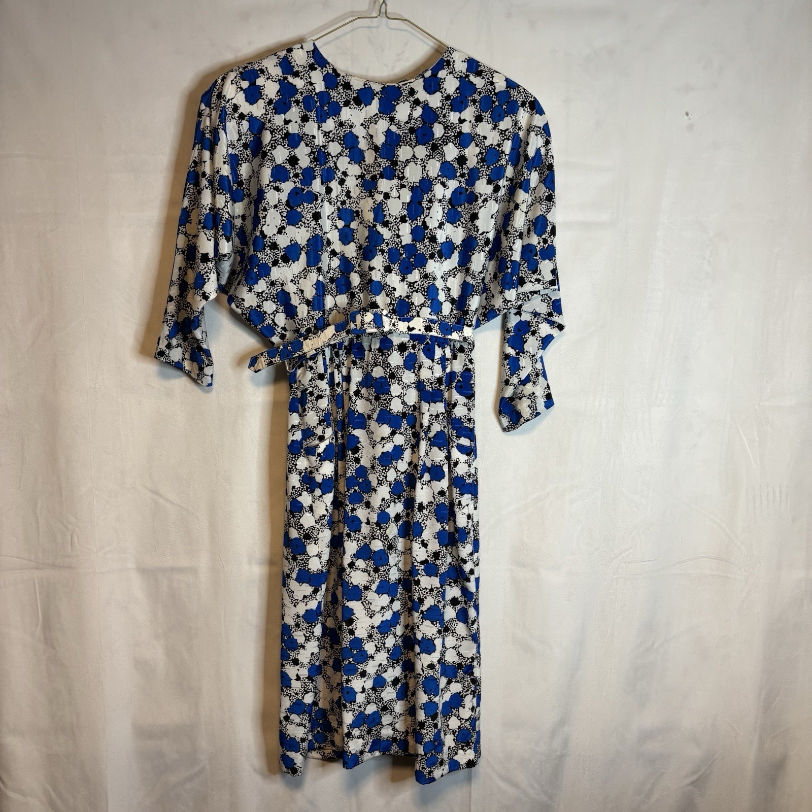 True Vintage 80s Blue And White Printed Dress Nu-Mode Petites Size Small Belted