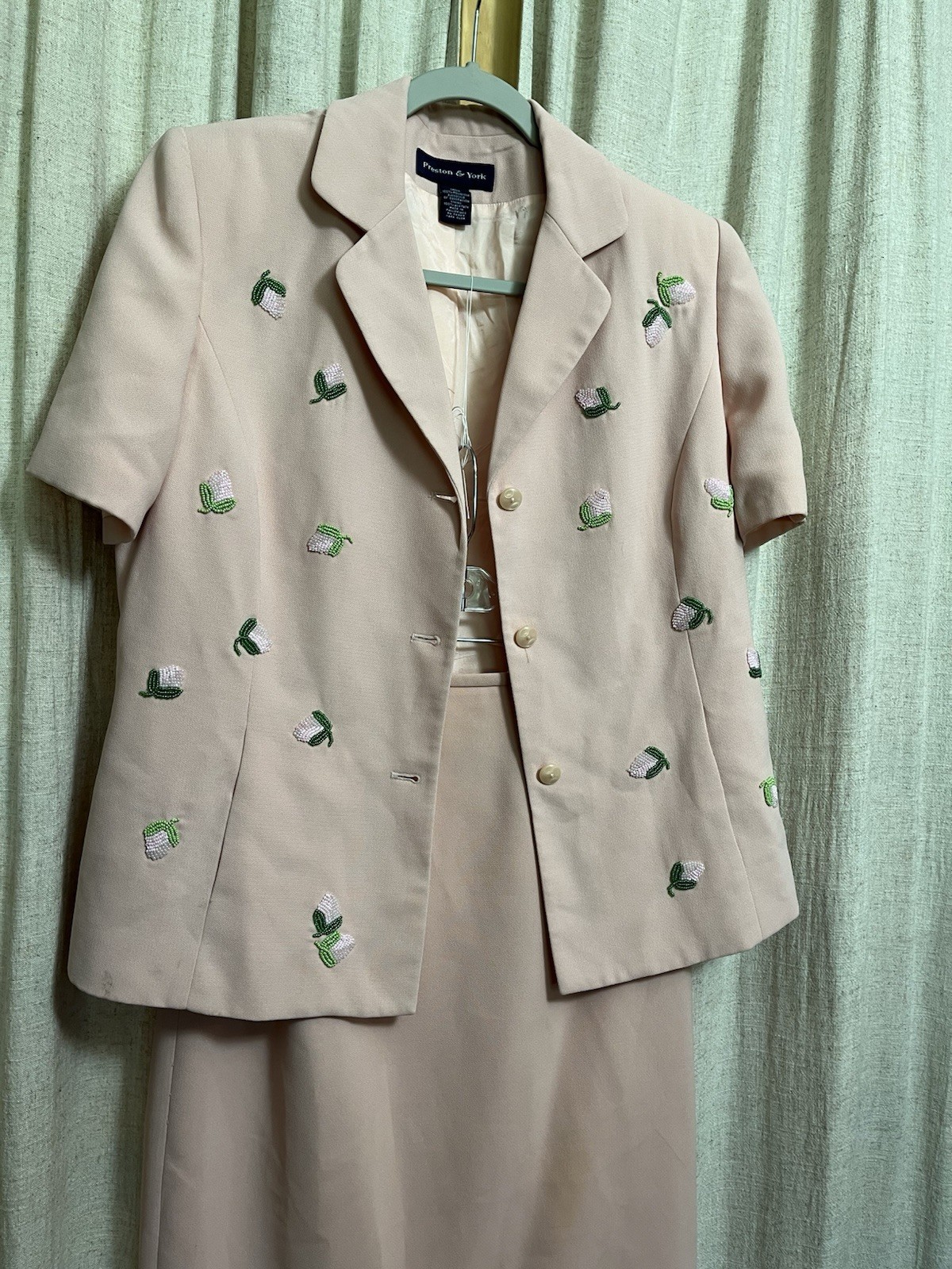 VTG 80s 90s Preston & York Pink Beaded Floral 2 Piece Skirt Suit Set Size 14