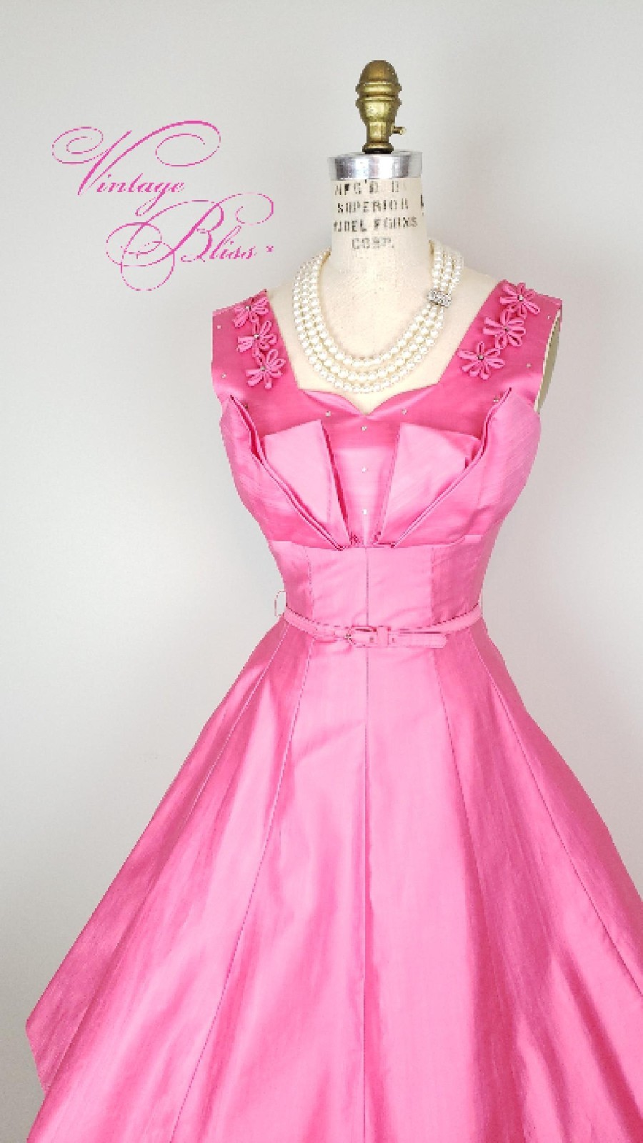 Vintage 1960’s Hot Pink Party Dress Rhinestone & Floral Details Ladies Size Sm