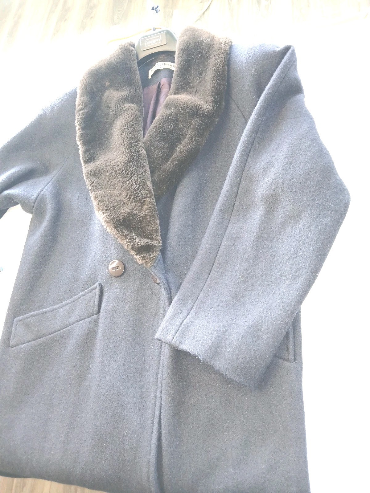 Vintage Women’s Dark Blue Wool Coat W Brown Faux Fur Collar Made In Usa, Size 6