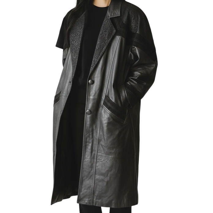 JF Leather Trench Coat Womens Medium Black VTG Retro 90s Lace Trim Western