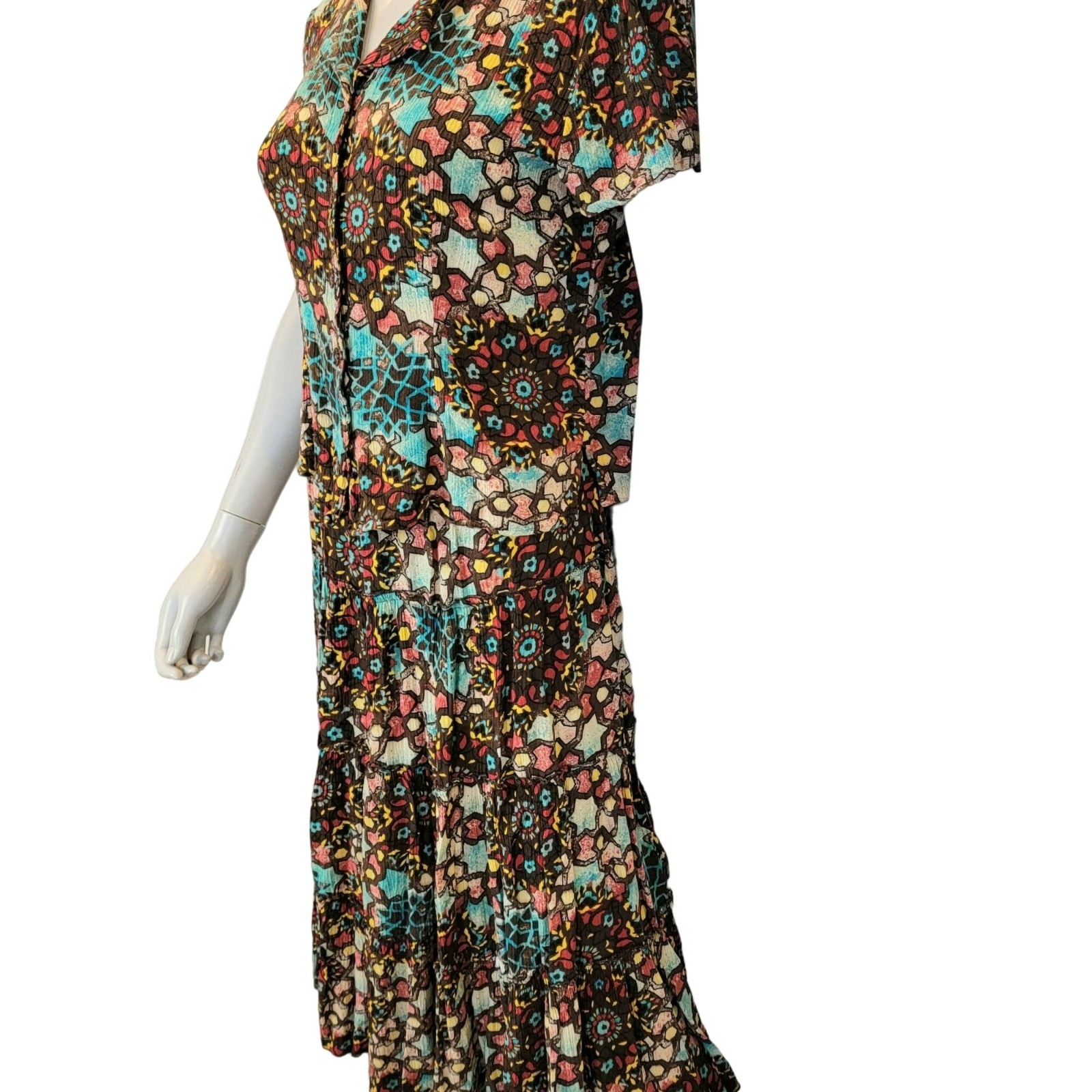 Vintage 90s Colorful Boho Set Women Medium Button Top Shirt Midi Skirt 8 10 Star