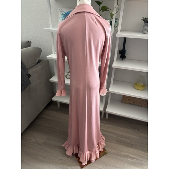 Vintage Pink Button Front Maxi Duster Robe Dress Pleated Ruffle Trim Long Sleeve