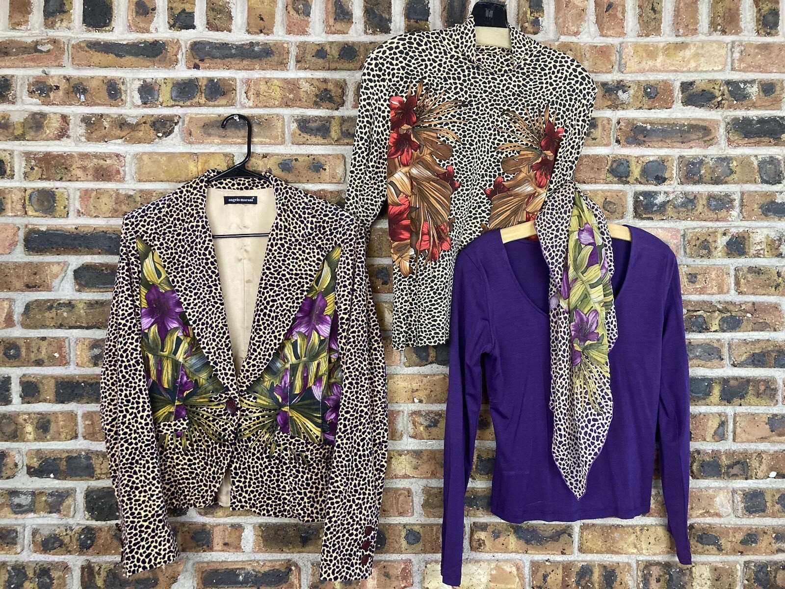 Vintage Angelo Marani Velvet Viscose Floral Art Cheetah Blazer Top Scarf 4Pc Set