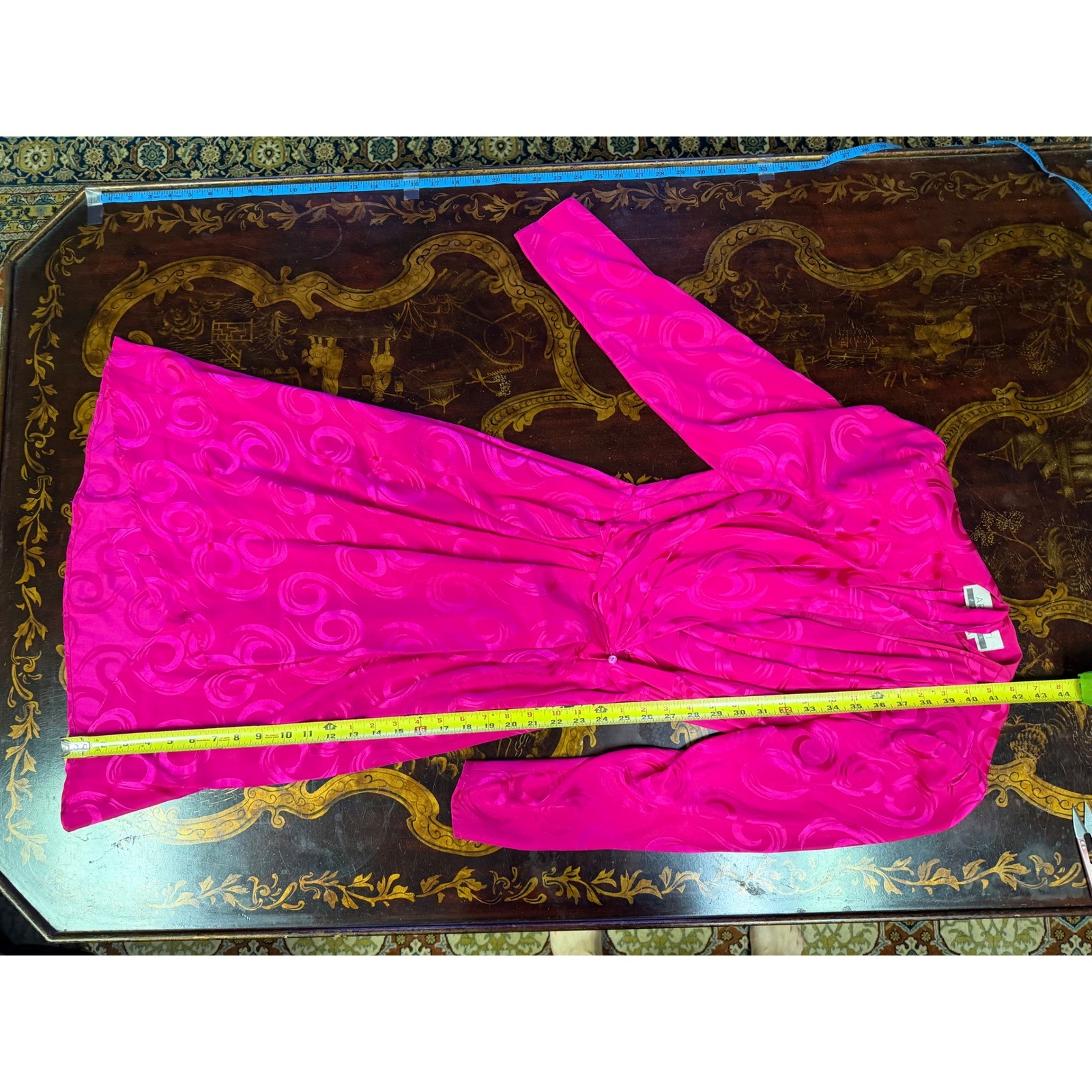 Vtg Argenti Pink Silk Jacquard Wrap Dress Midi 80s Luxury Glam Mob Wife 4 NEW