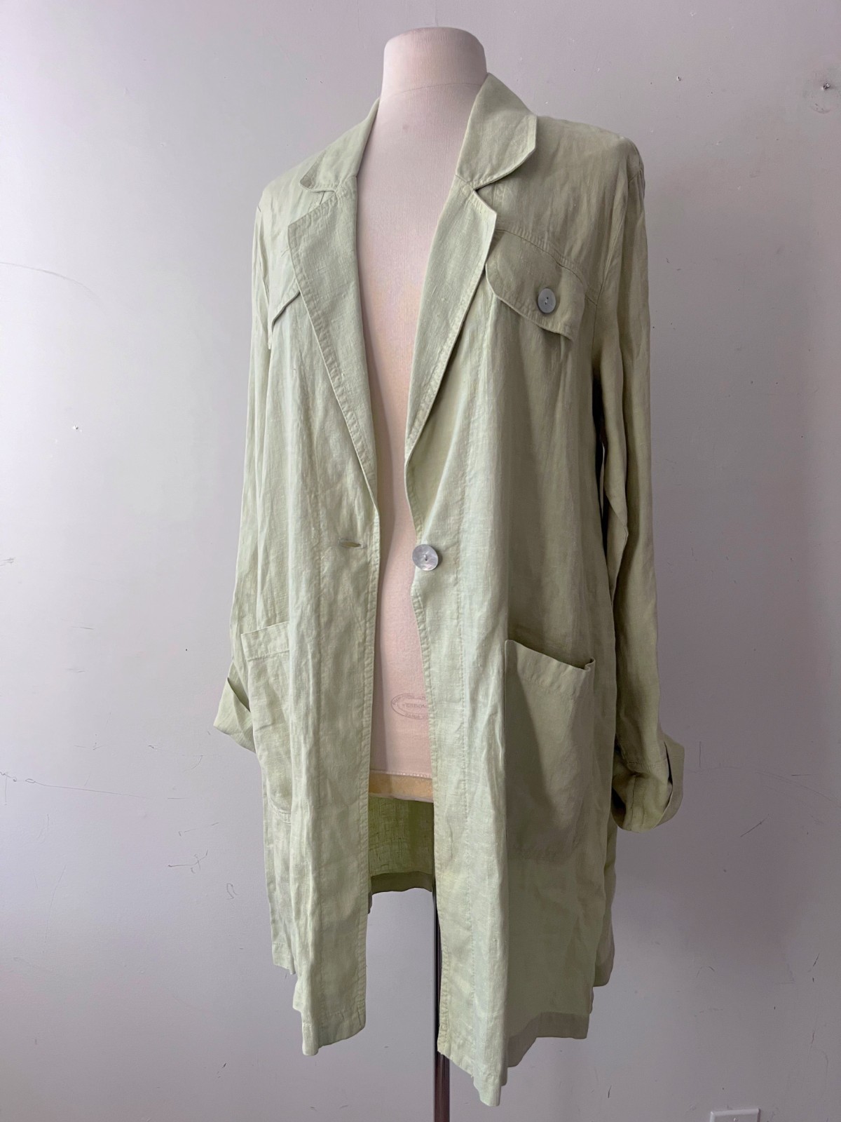 Pistachio Linen Chore Coat Vintage 90s Oversized Quiet Luxury Mother of Pearl