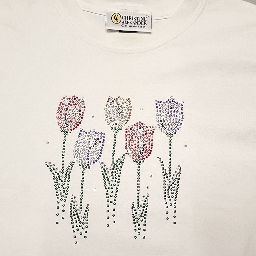 VTG Christine Alexander Shirt Women L White Rhinestone Tulips Floral Made In USA