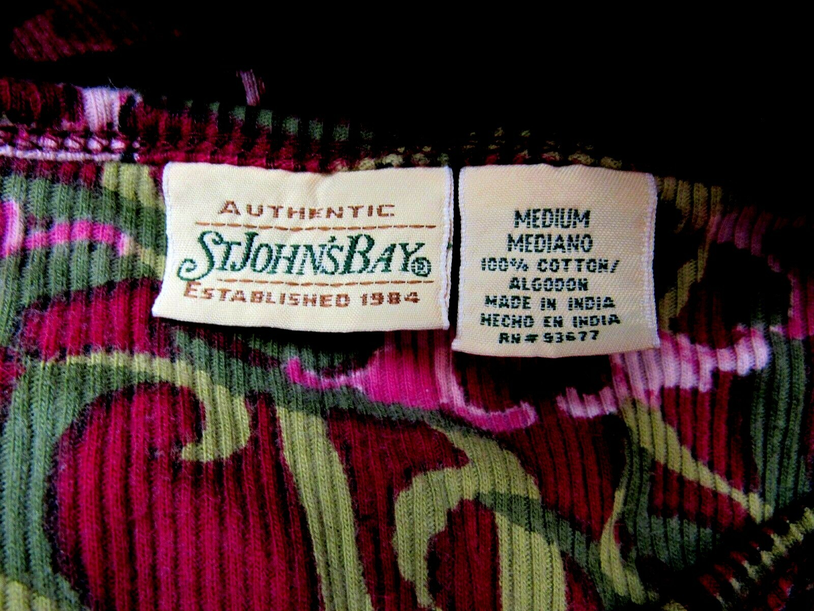 VTG ST JOHNS BAY Stretch Cotton Knit Top Lily Floral Red Wine Burgundy Pink M EU