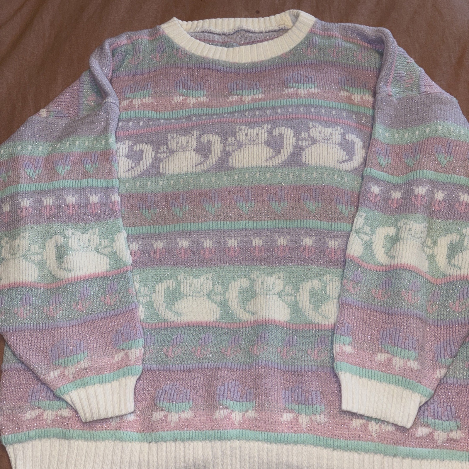 VTG 80s Rose Cat Sweater Lurex Women’s M/L Pastel Shimmer Cottage