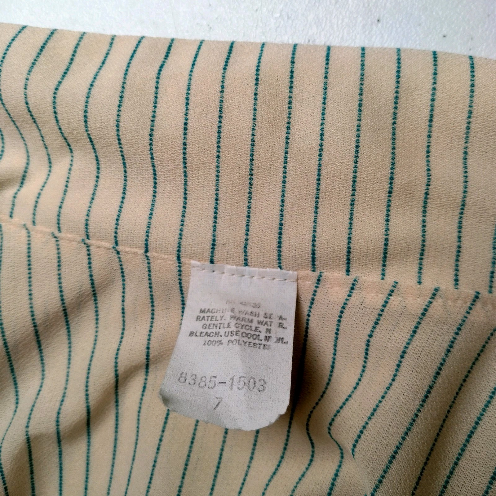 Vintage 1970s Dress Size 7 Ivory Blue Stripe Button Up Collar Belted Secretary