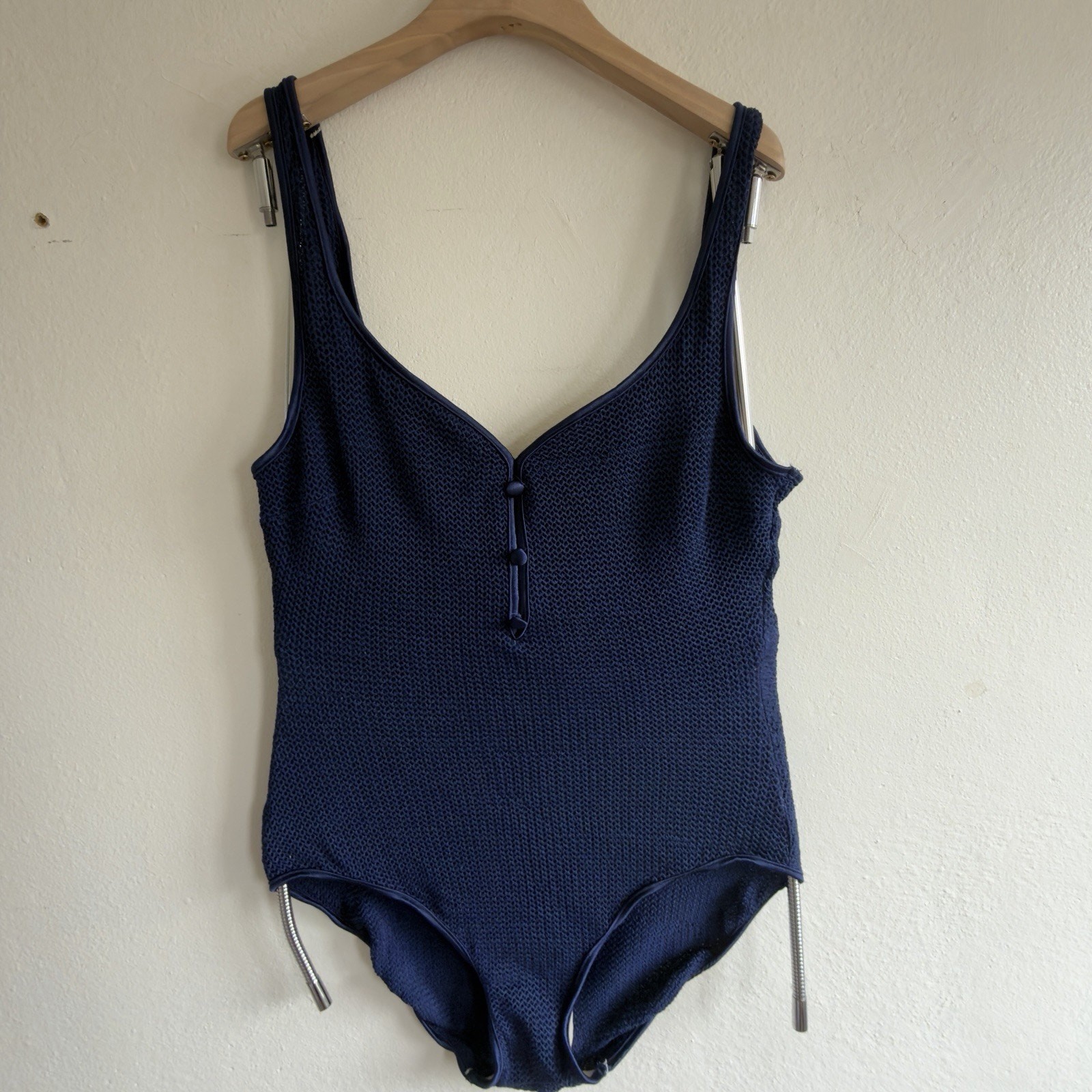 Cole of California Navy Textured One Piece Swimsuit Vintage Button Detail 14