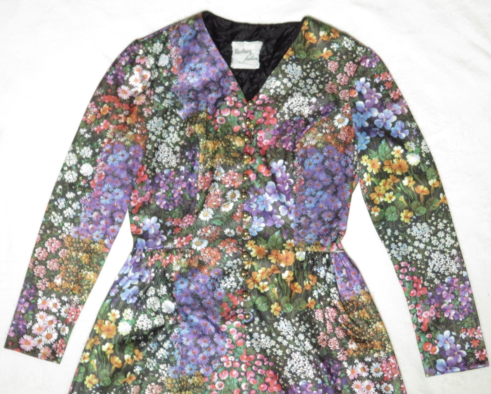 Vintage 1970s Floral Dress Polyester Garden Print Long Sleeve Westbury Fashions