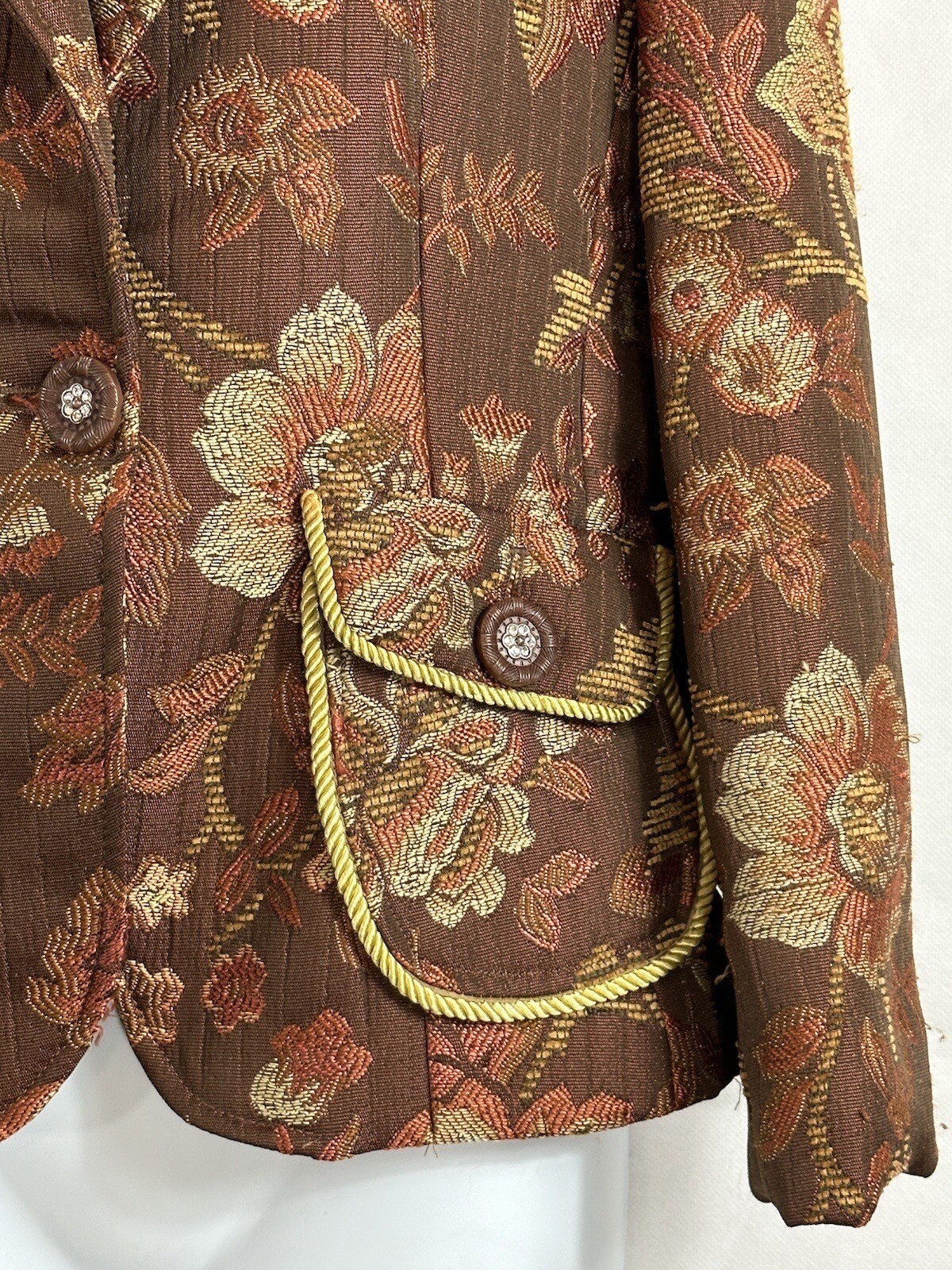 Vintage Ninety Sz 4 Floral Tapestry Woven Blazer Jacket Faux Diamond Buttons Pkt