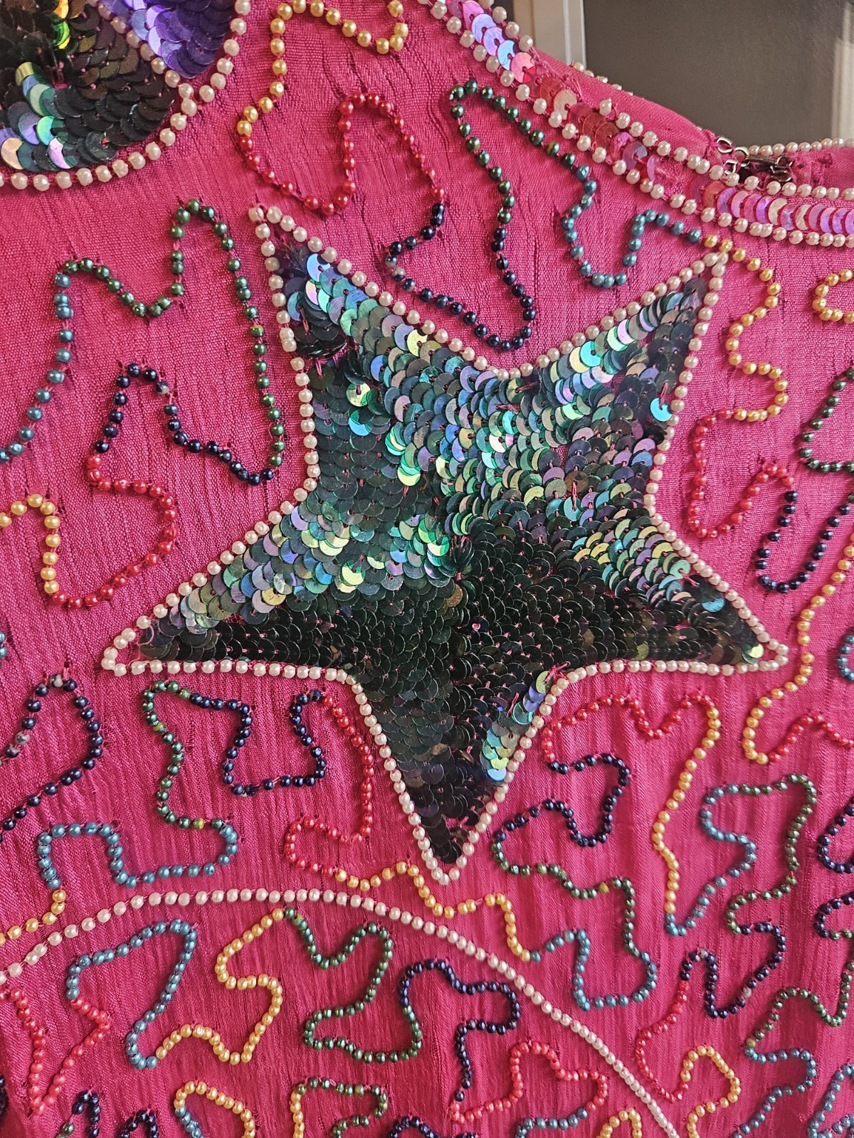 Vintage 80s Flapper 100% Silk Funky Beaded Whimsical Retro Large Sequin Dress
