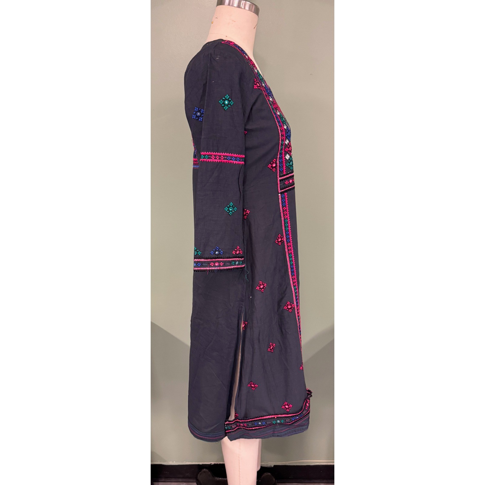 Vintage Ethnic Embroidered Tunic Dress Black Pink Boho Shisha Mirror Midi Kurta