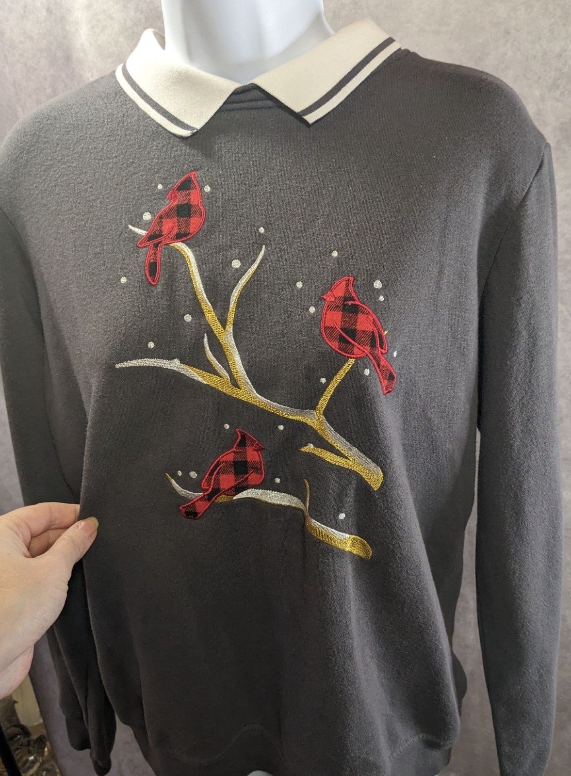Adrian Delafield Vintage Embroidered Cardinal Sweatshirt With Collared Neck Gray
