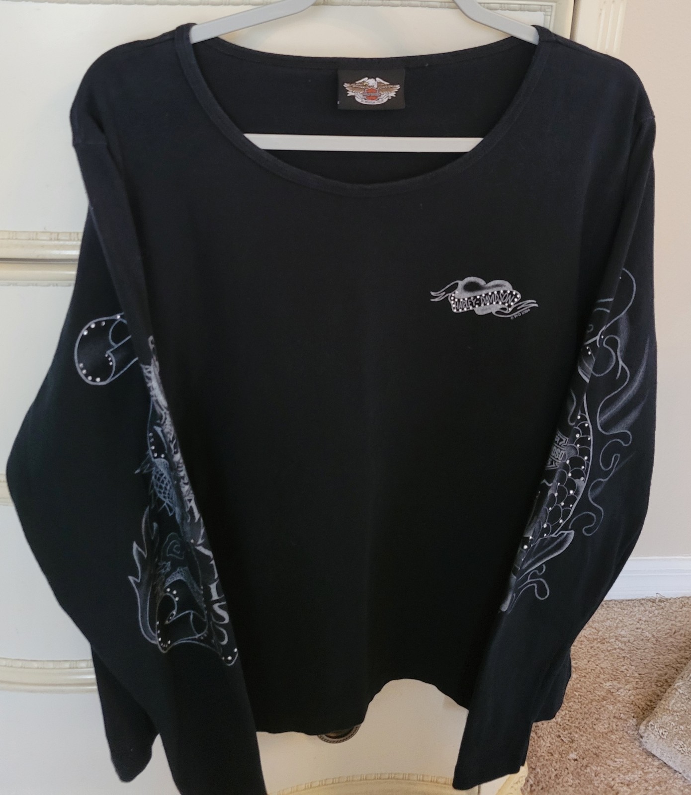 Harley Davidson Vintage 2004 Y2K Rhinestone Cotton KOI DRAGON Long Sleeve Size L