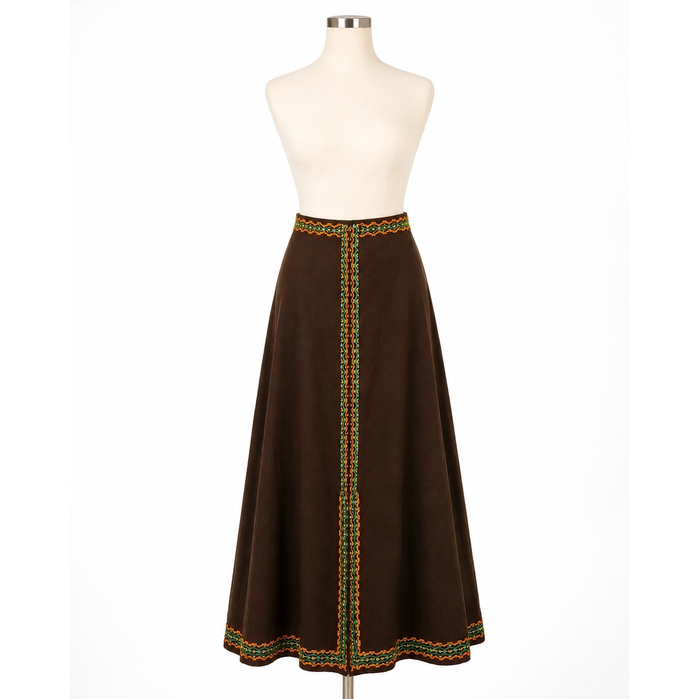VTG 70s Embroidered Maxi Skirt Brown Southwest Prairie Boho Native American Sz S