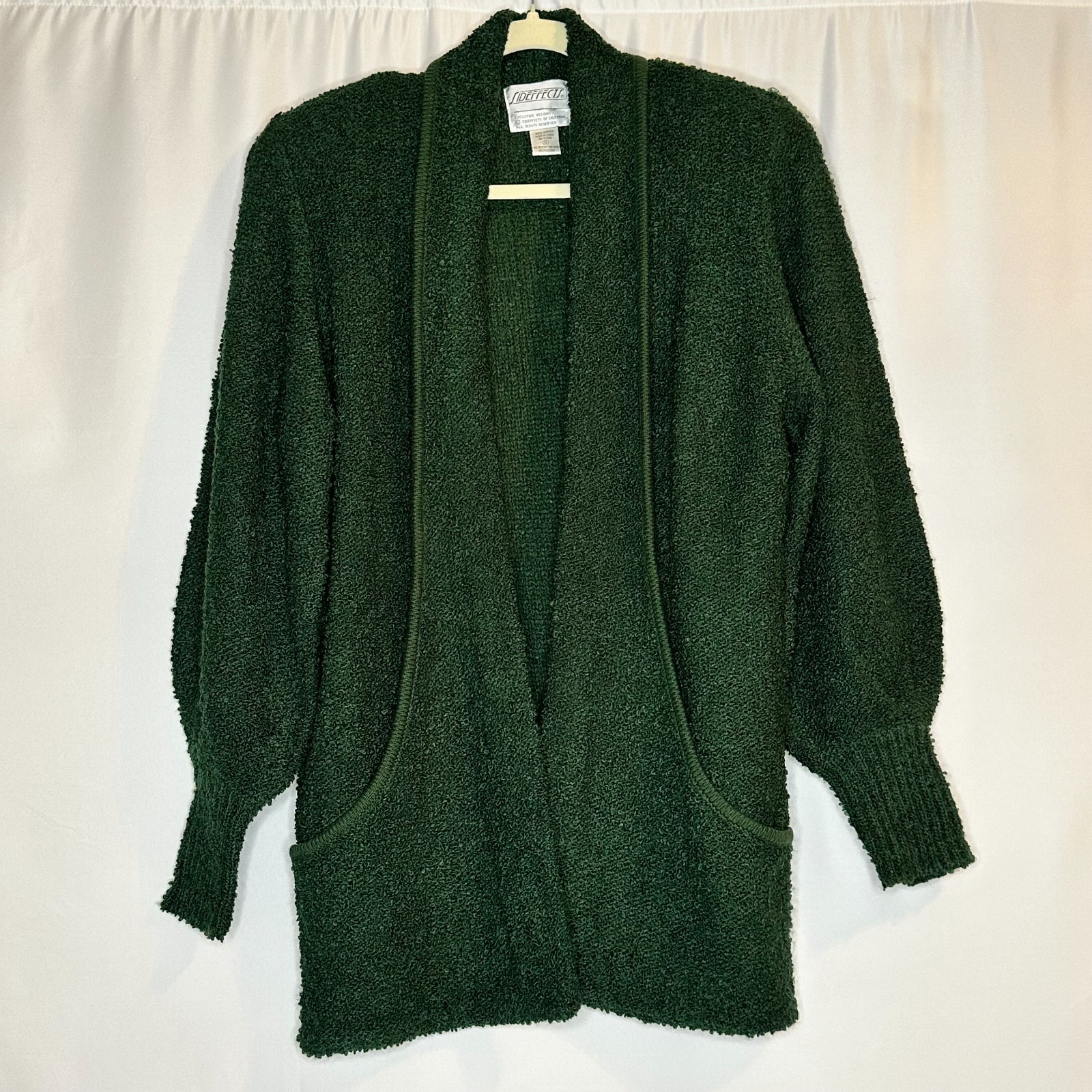 Vtg Sideffects Women’s Open Front Boucle Cardigan Sweater M Forest Green Cozy