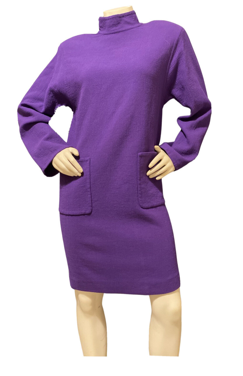 VTG 1980s Carolyne Roehm Couture, Dress Purple Wool MIDI Long Sleeve Pullover 10