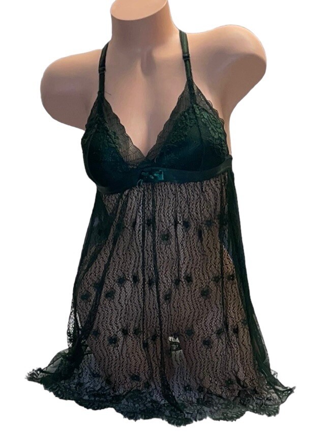 Vintage Dark Green Sheer Mesh Lace Bow Nylon Nightgown Womens NOS