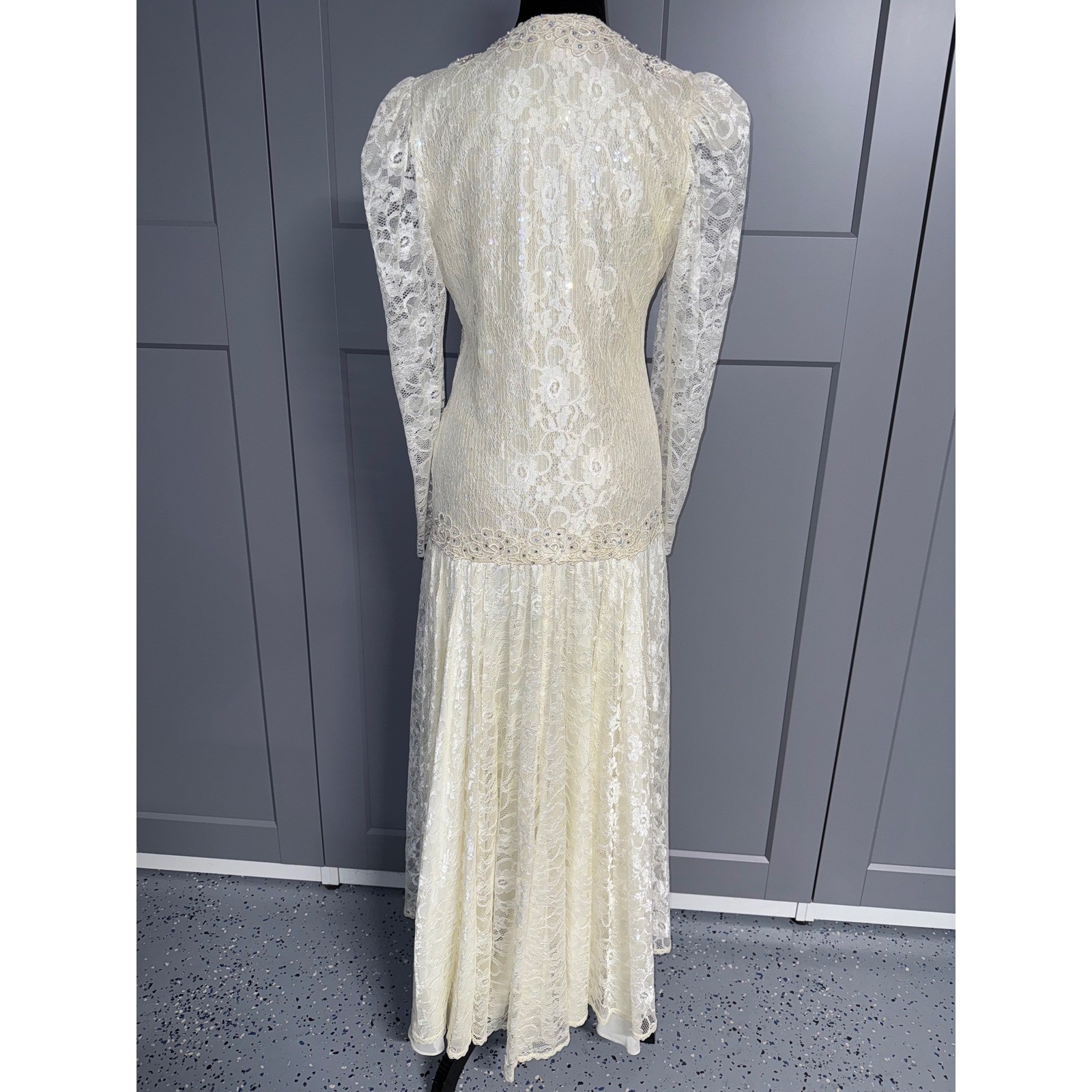Gidding Jenny Long Sleeve Dress 8 100% Silk Lace Gown Beaded V-Neck 20th Century