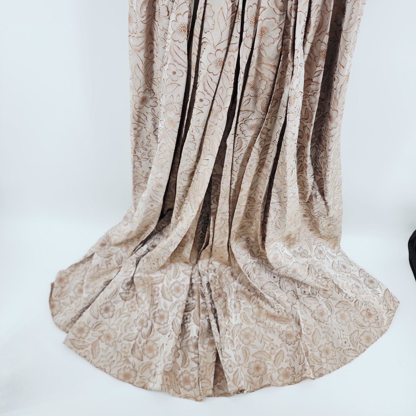 1950 BROCADE CHAMPAGNE FLORAL HI LOW GOWN MINK FUR COLLAR TAUPE GOLD DRESS XS-S