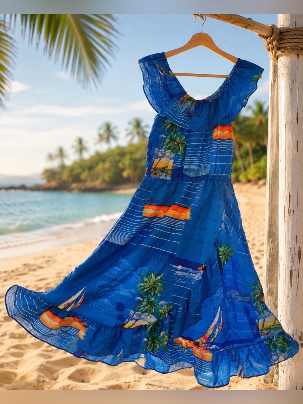 Vintage 70s Shoreline Hawaii Blue Tropical Off Shoulder Ruffle Midi Dress SMALL