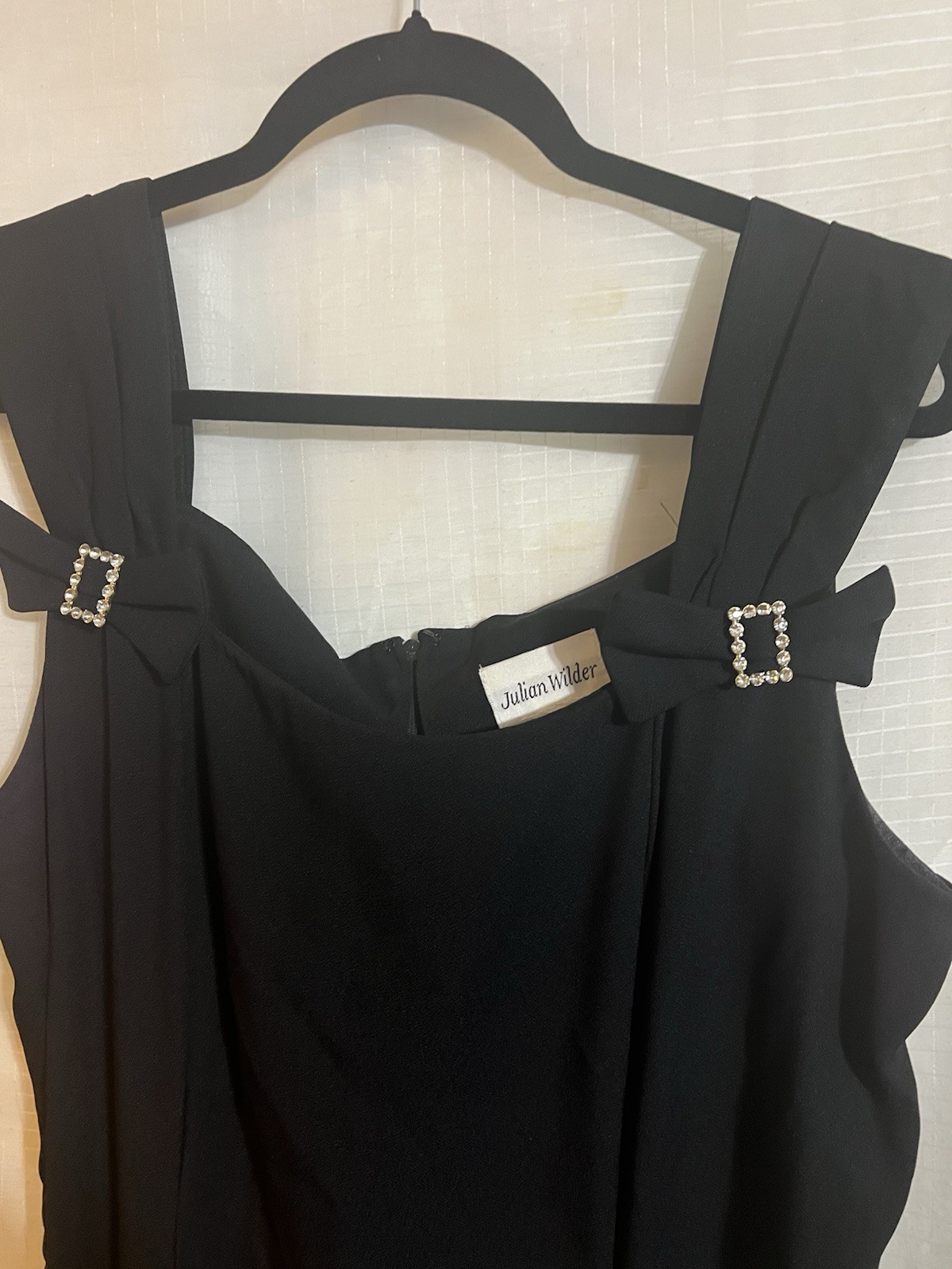 Vintage 1990s Black Rhinestone Bow Crepe Party Dance Dress Julian Wilder