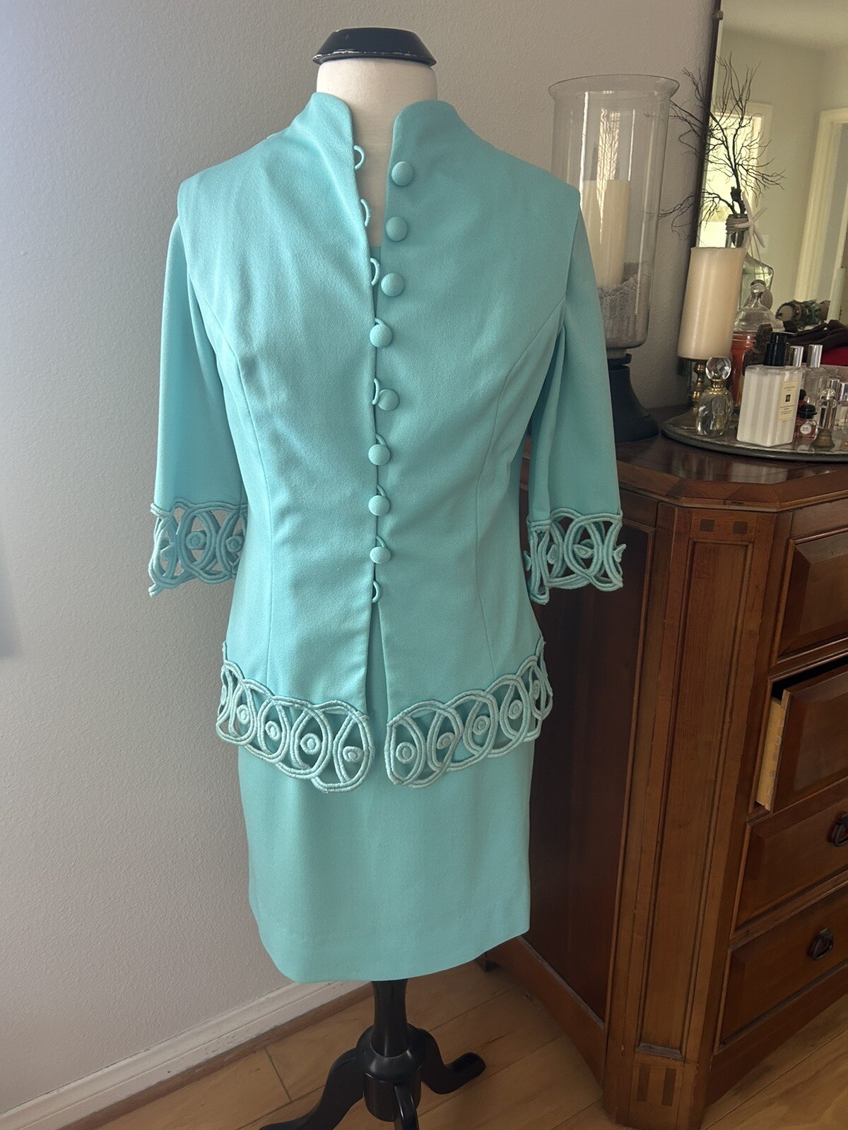 VINTAGE 1960’S AQUA KNIT POLYESTER DRESS CLARALURA ORIGINAL CA. WITH VEST