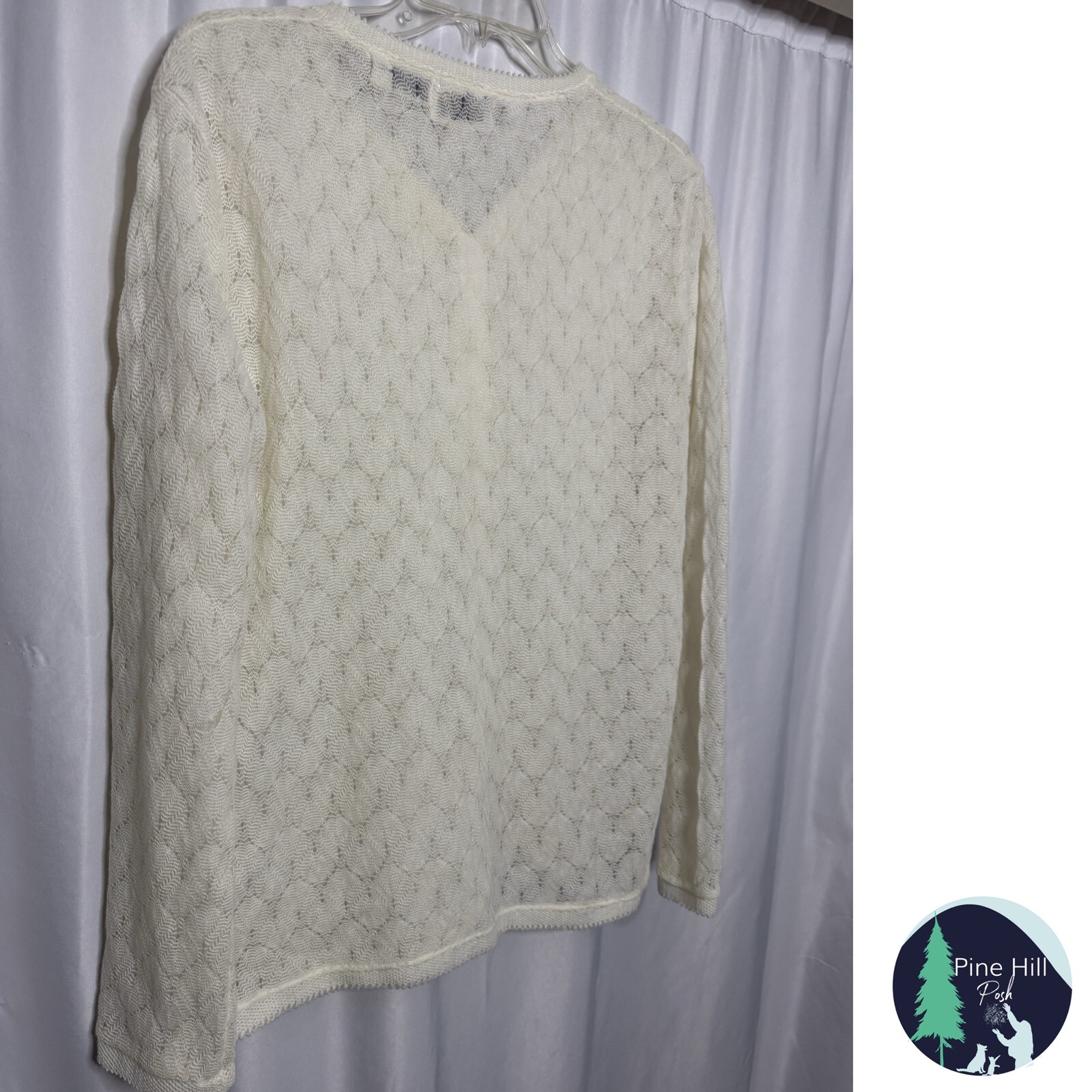 Vintage 70s Terry Turner Cardigan Sweater Sz Large Ivory Crochet Chiffon Lined