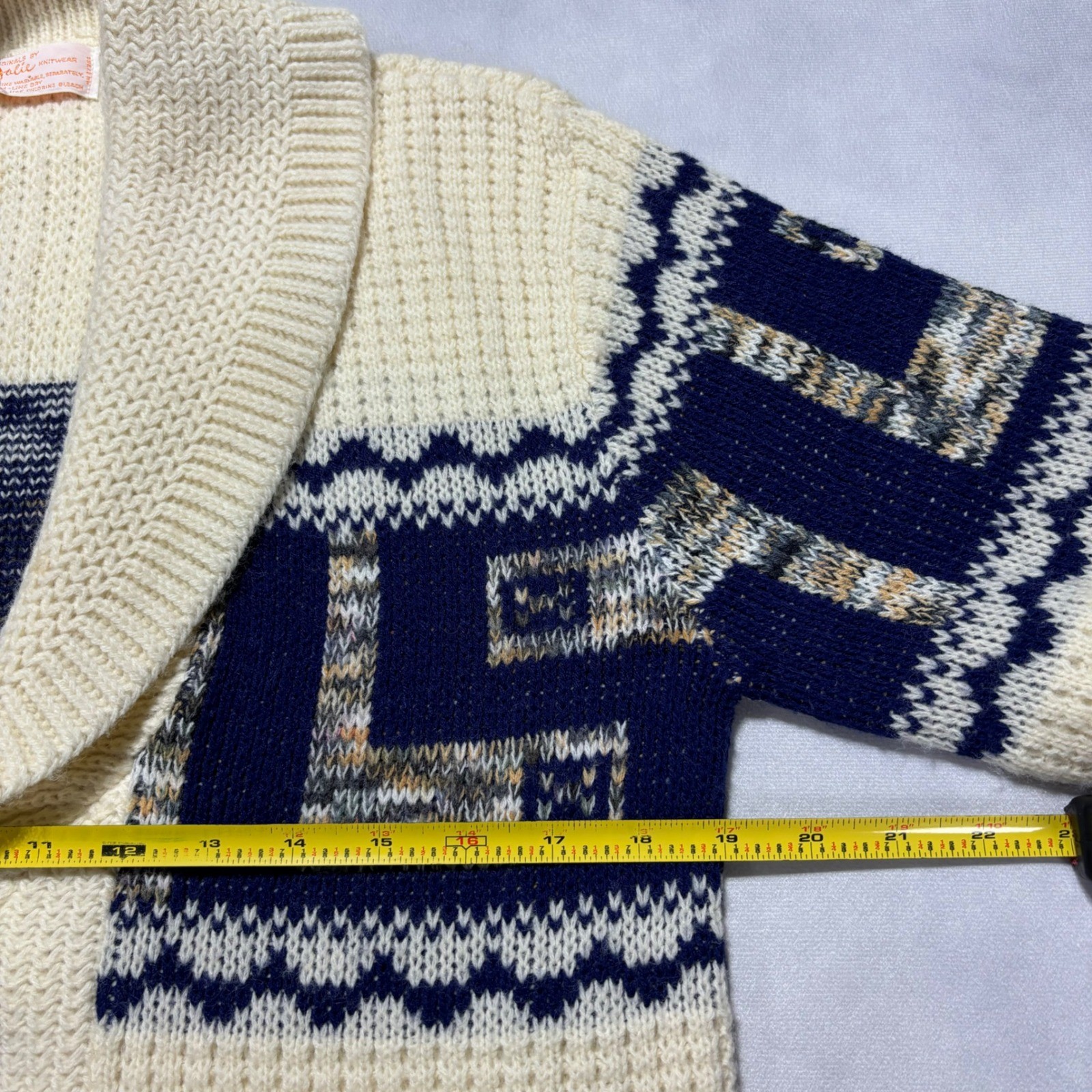 Vintage 60’s Shawl Collar Cardigan Women’s Large Cream Navy Blue Greek Aztec